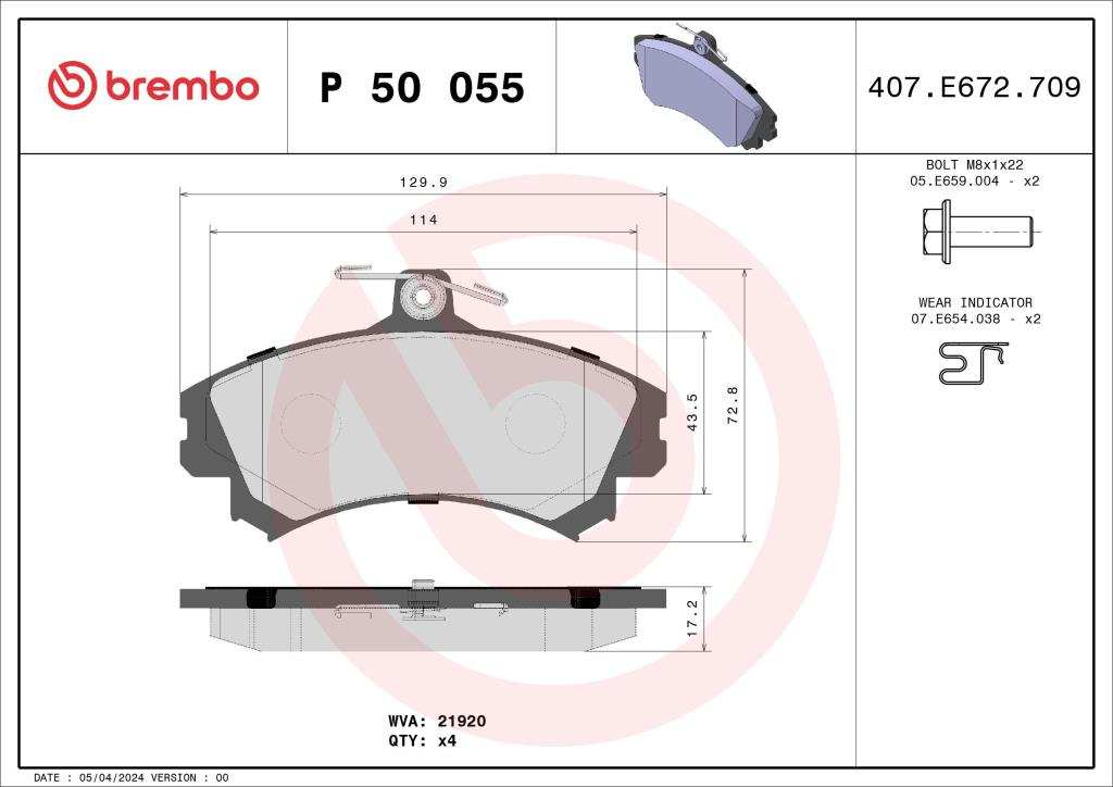 Jogo de 4 pastilhas de travão BREMBO ref. P 50 055