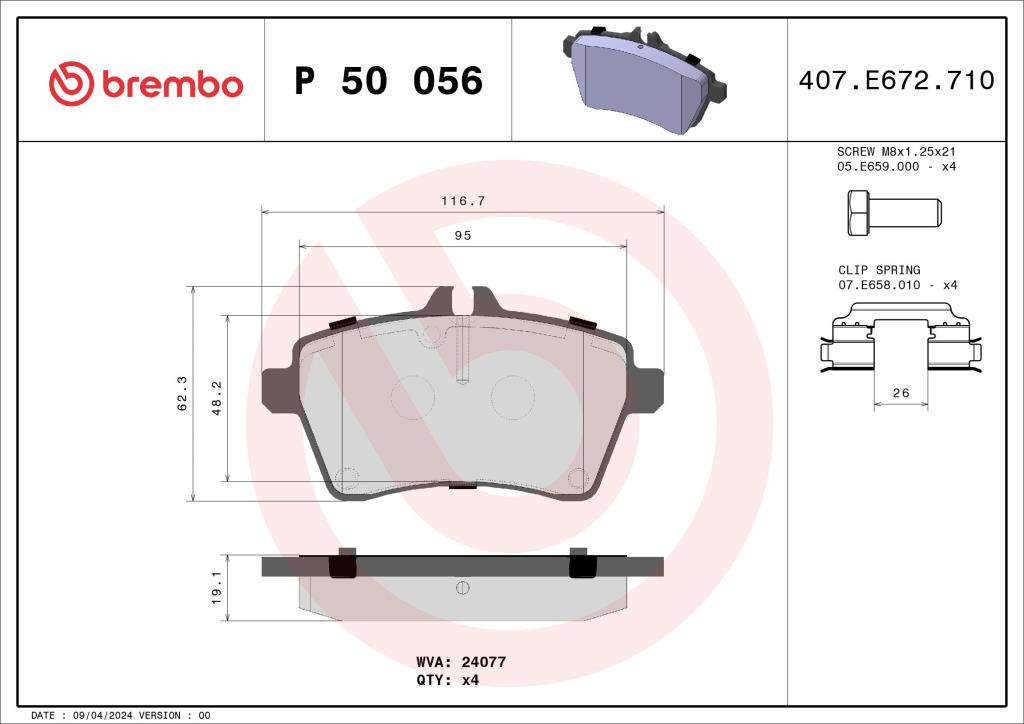 Jogo de 4 pastilhas de travão BREMBO ref. P 50 056