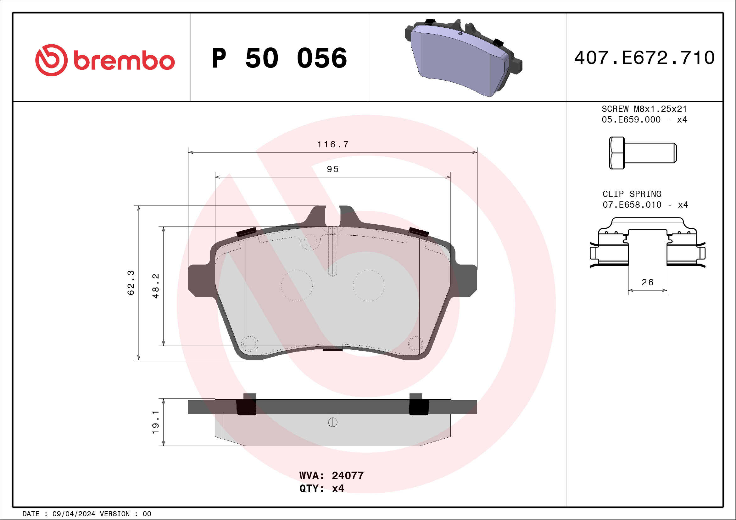 Jogo de 4 pastilhas de travão BREMBO ref. P 50 056