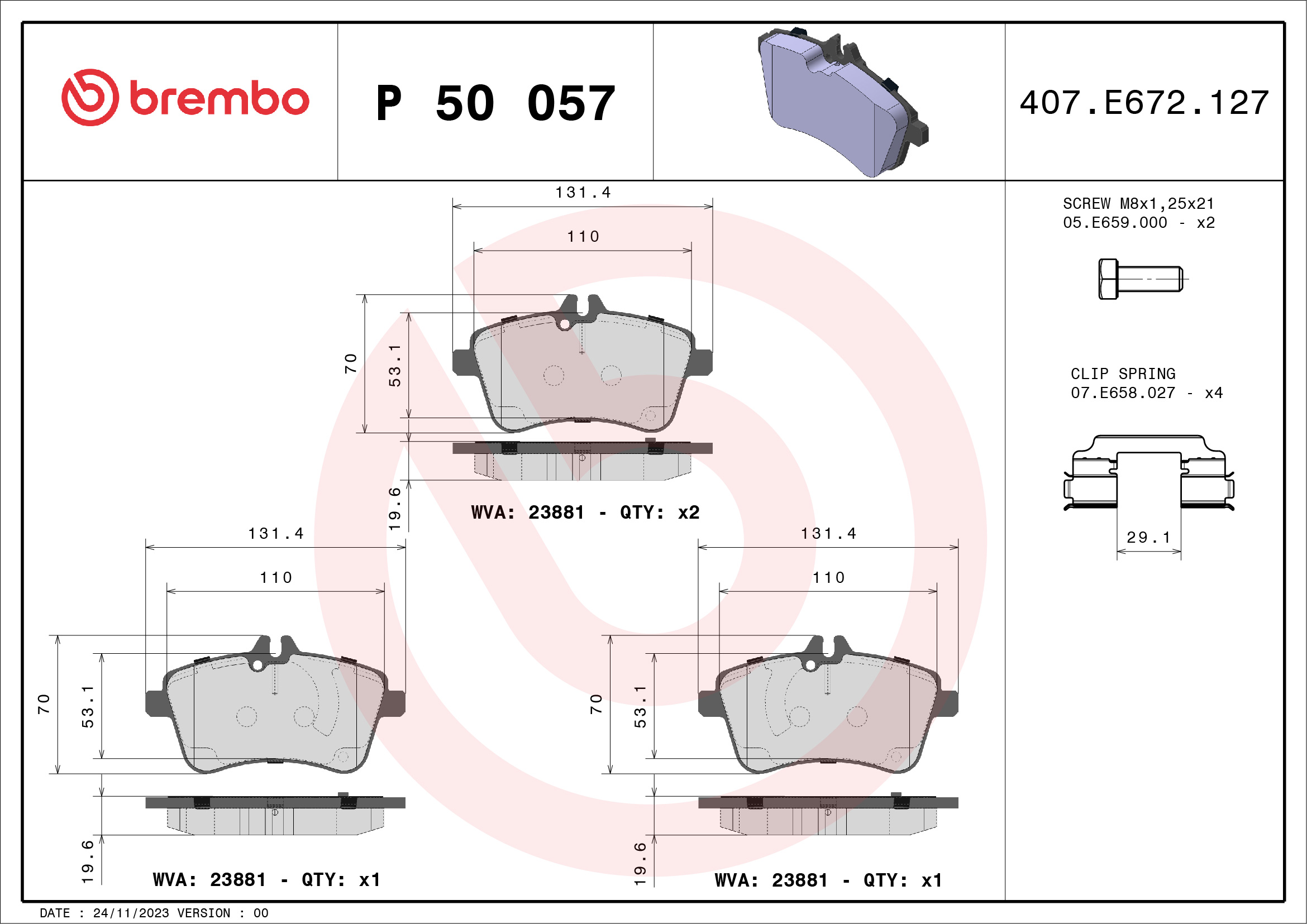 Jogo de 4 pastilhas de travão BREMBO P 50 057