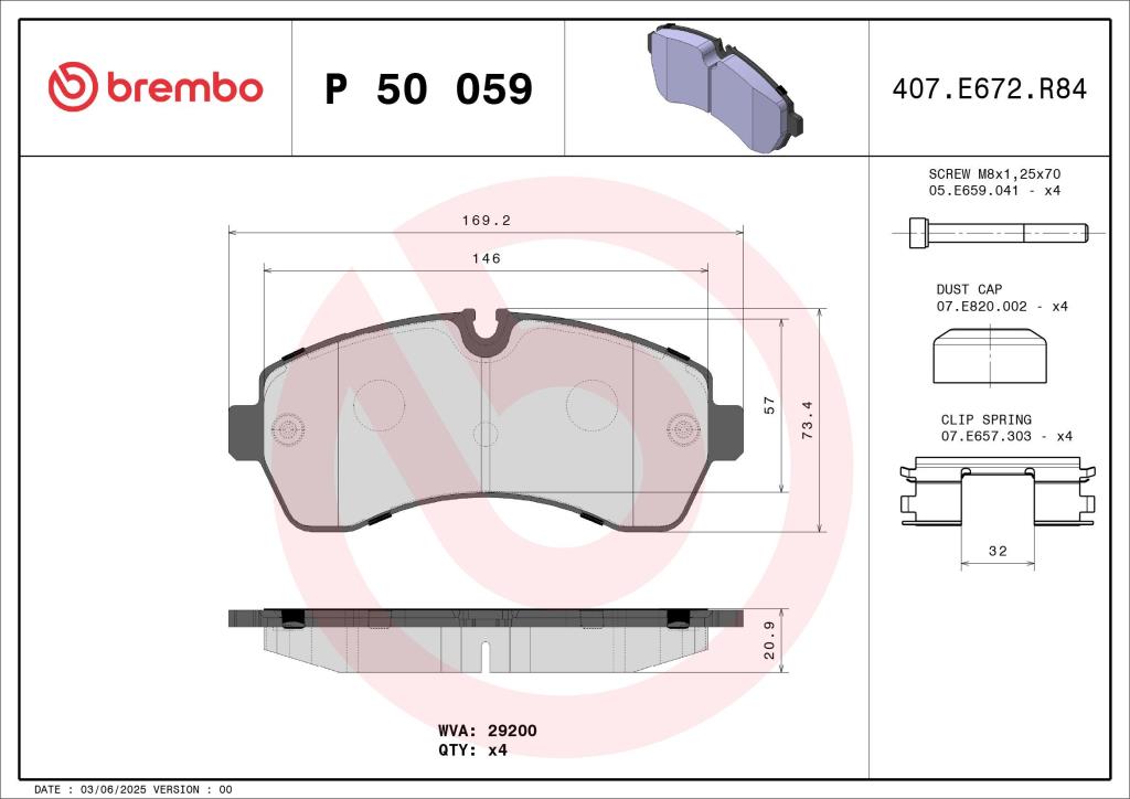 Jeu de 4 plaquettes de frein BREMBO ref. P 50 059
