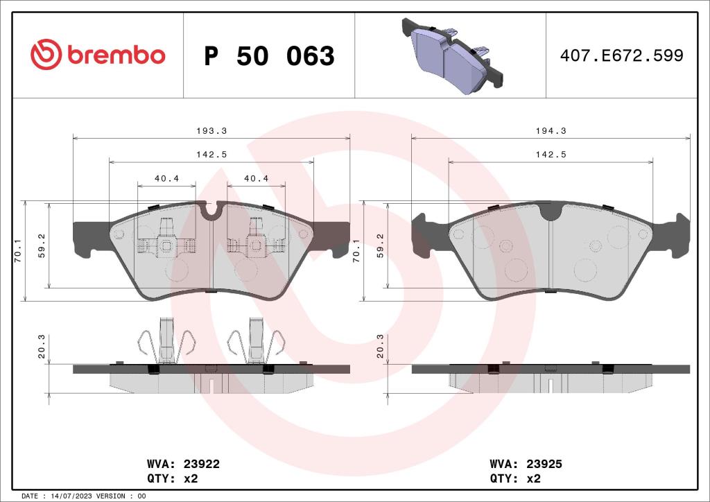 Jogo de 4 pastilhas de travão BREMBO ref. P 50 063