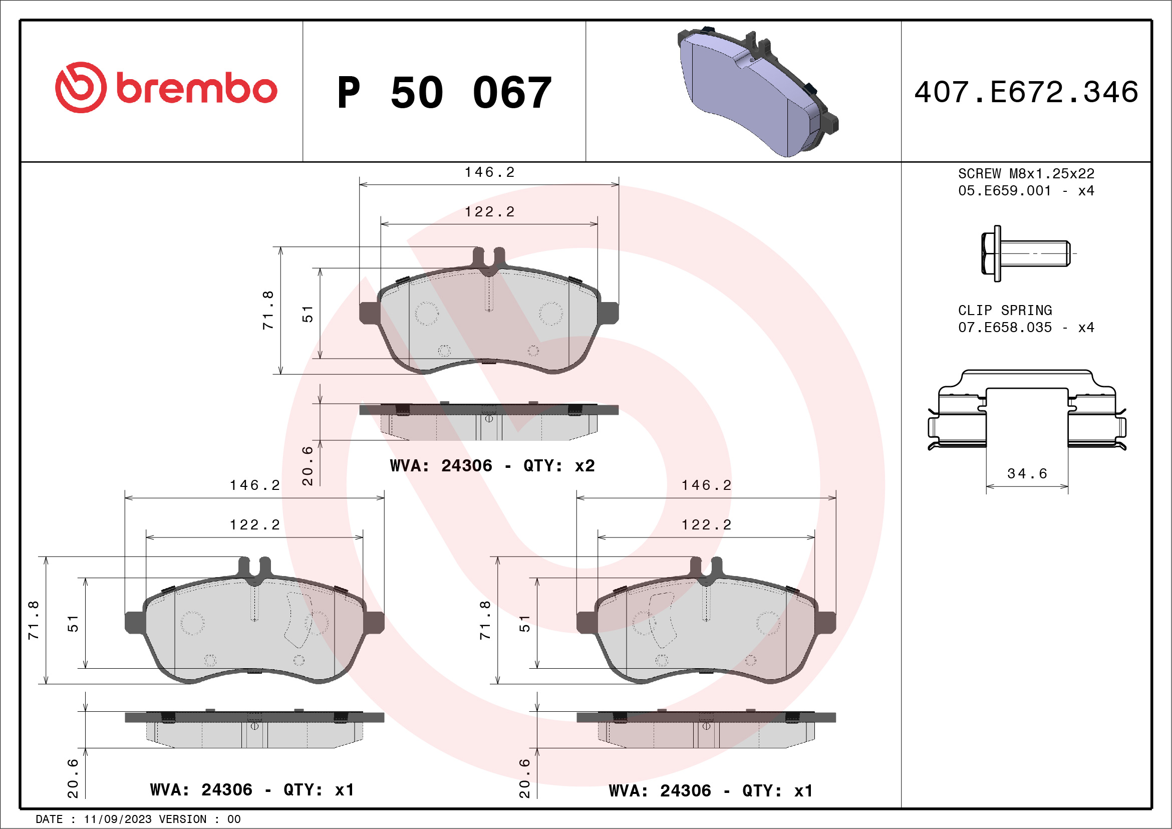 Jogo de 4 pastilhas de travão BREMBO ref. P 50 067