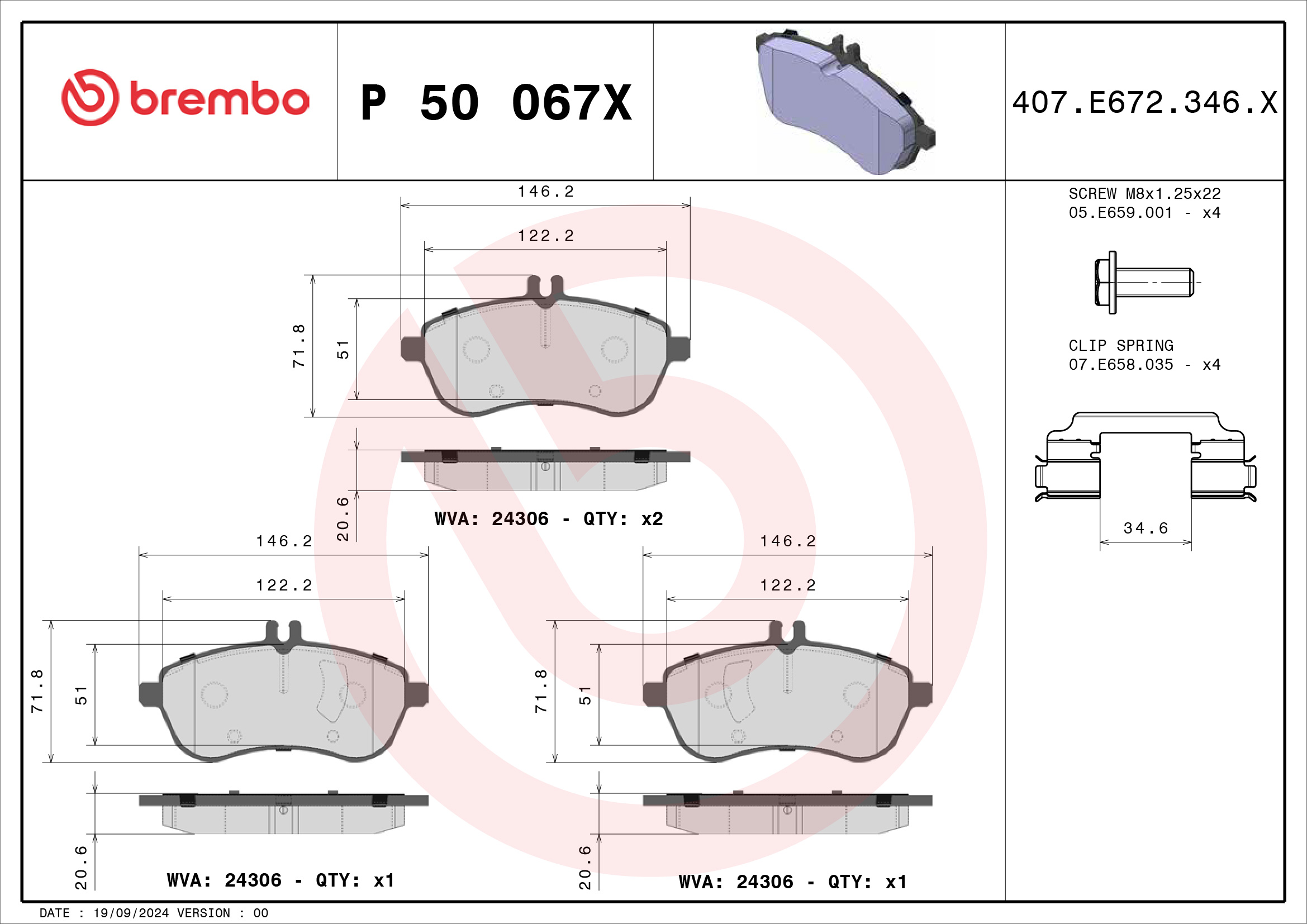 Jogo de 4 pastilhas de travão BREMBO ref. P 50 067X