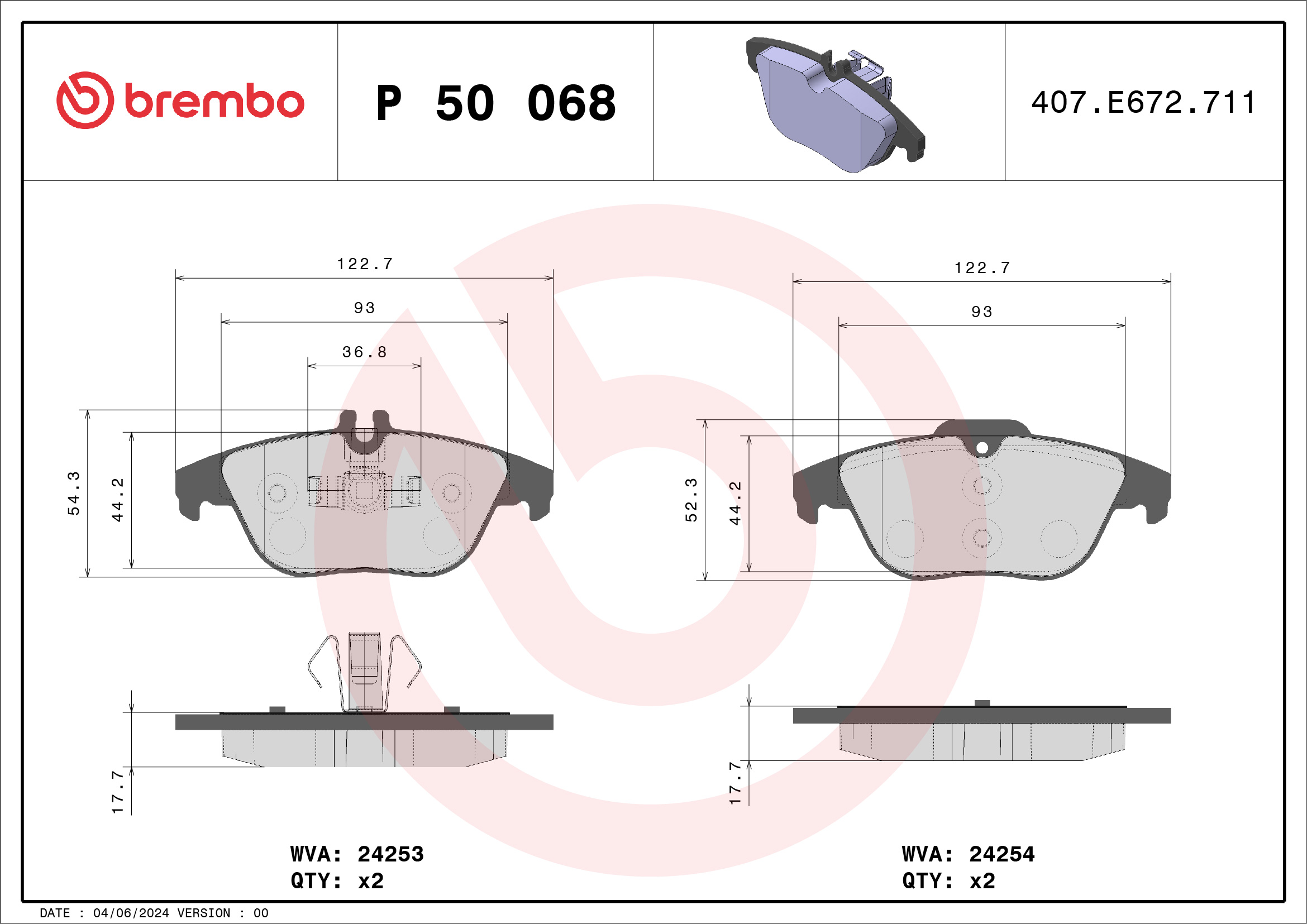 Jogo de 4 pastilhas de travão BREMBO ref. P 50 068