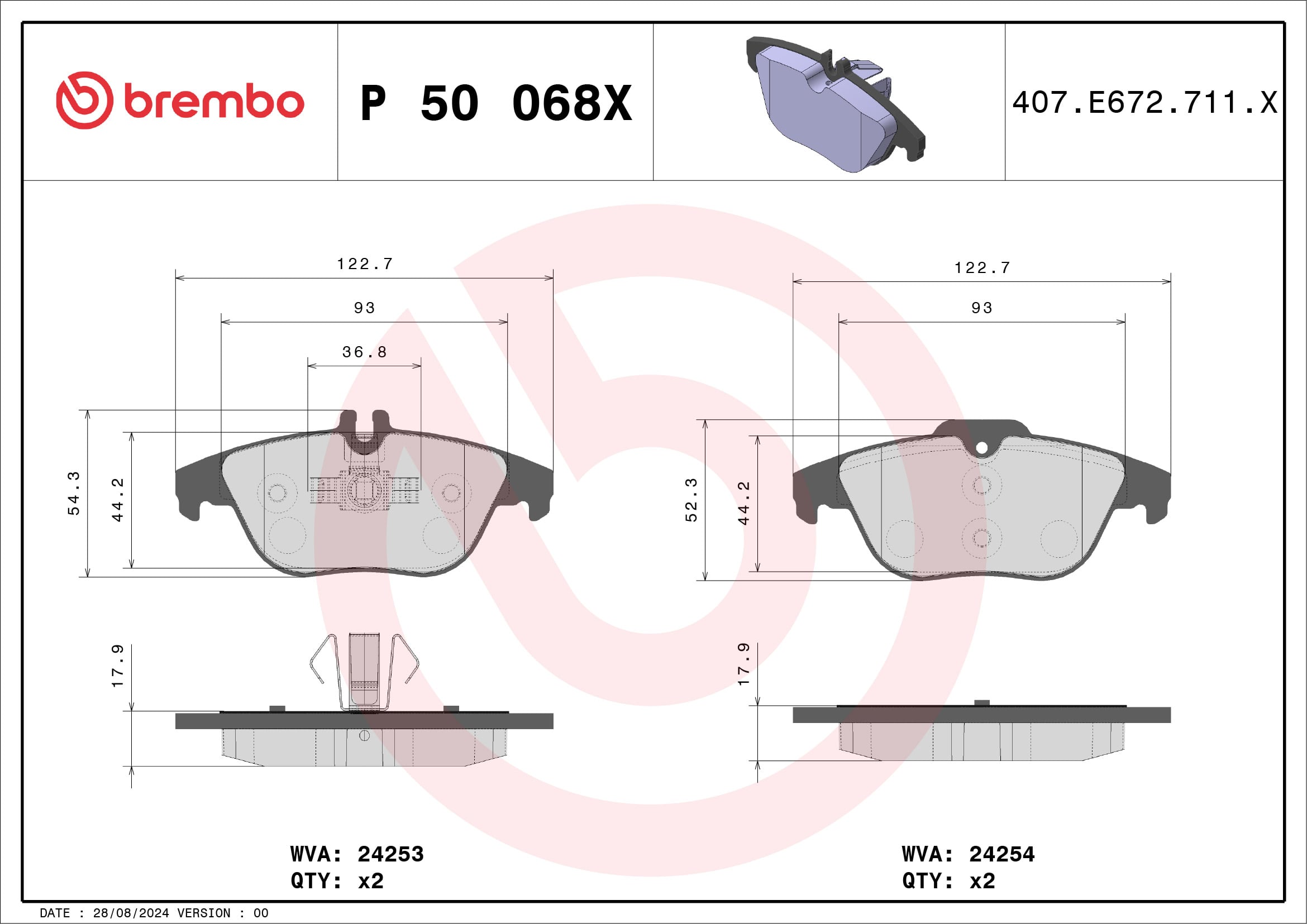 Jogo de 4 pastilhas de travão BREMBO ref. P 50 068X