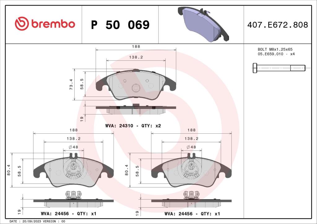 Jogo de 4 pastilhas de travão BREMBO ref. P 50 069