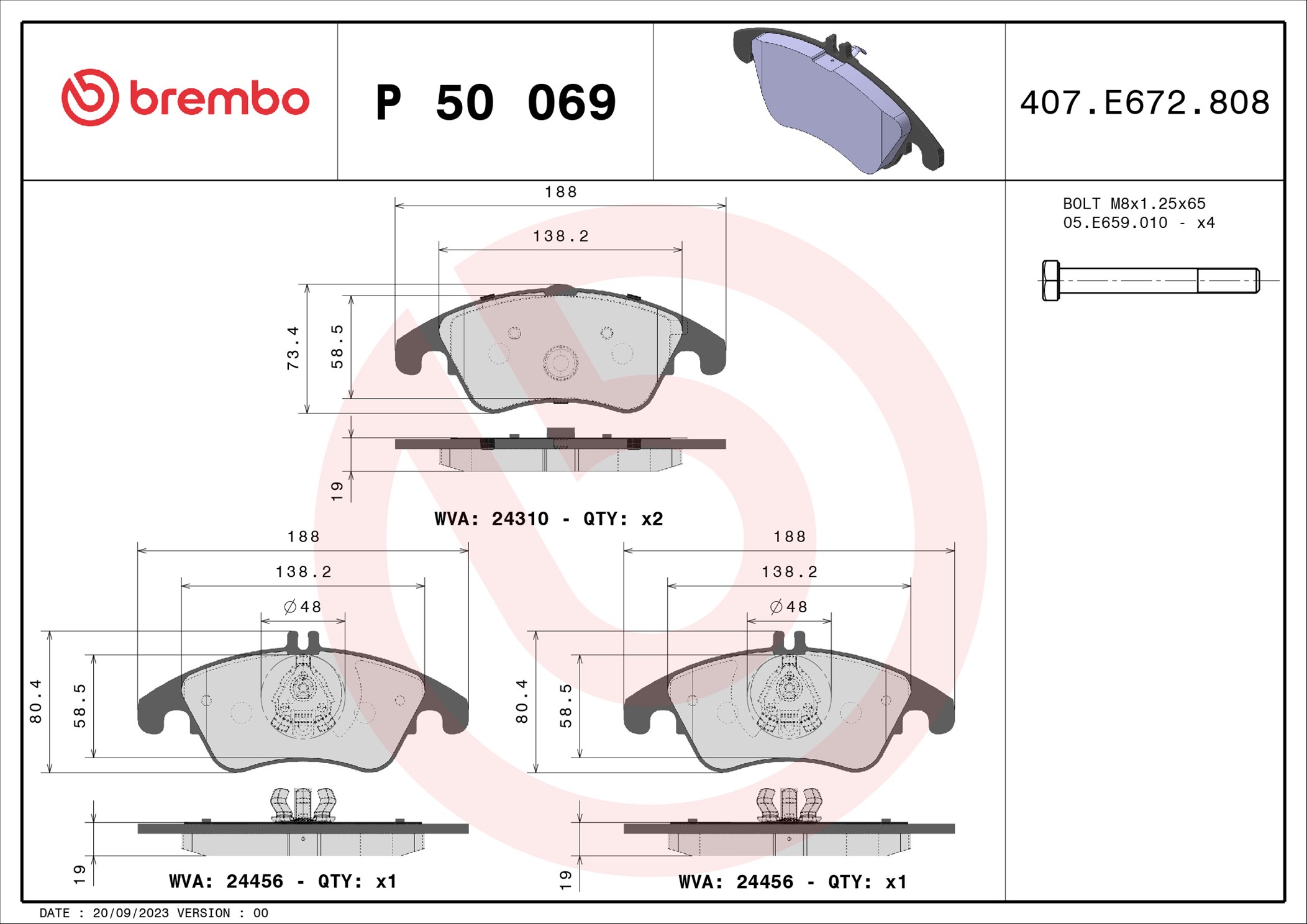Jogo de 4 pastilhas de travão BREMBO ref. P 50 069