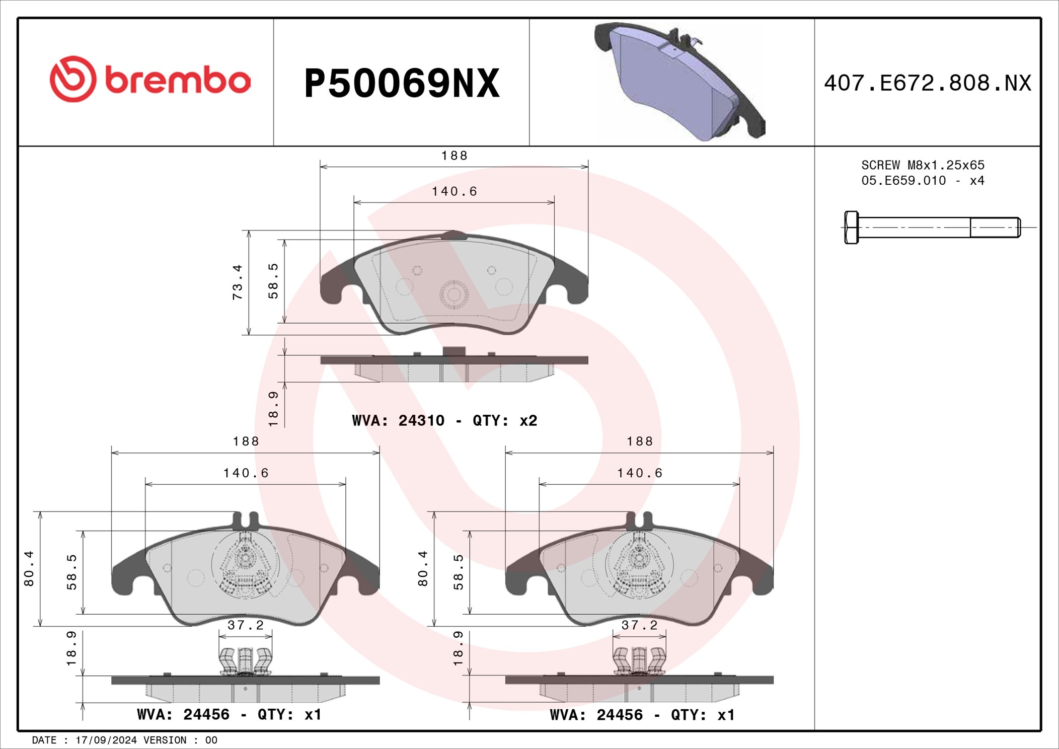 Jogo de 4 pastilhas de travão BREMBO ref. P50069NX