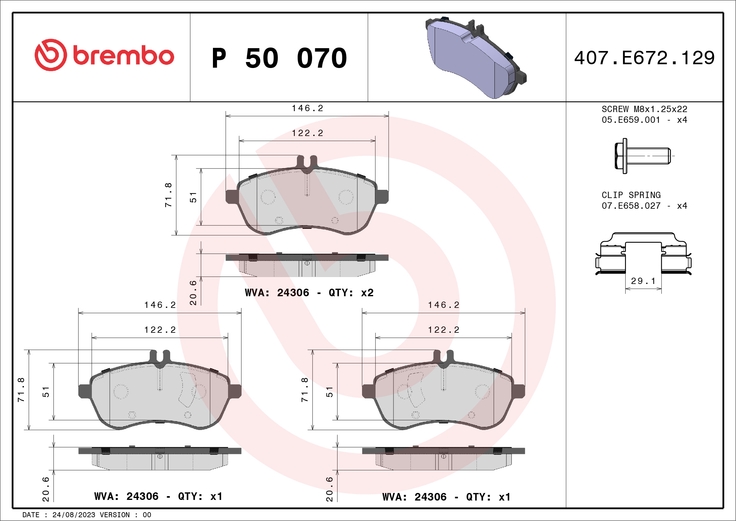 Jeu de 4 plaquettes de frein BREMBO ref. P 50 070