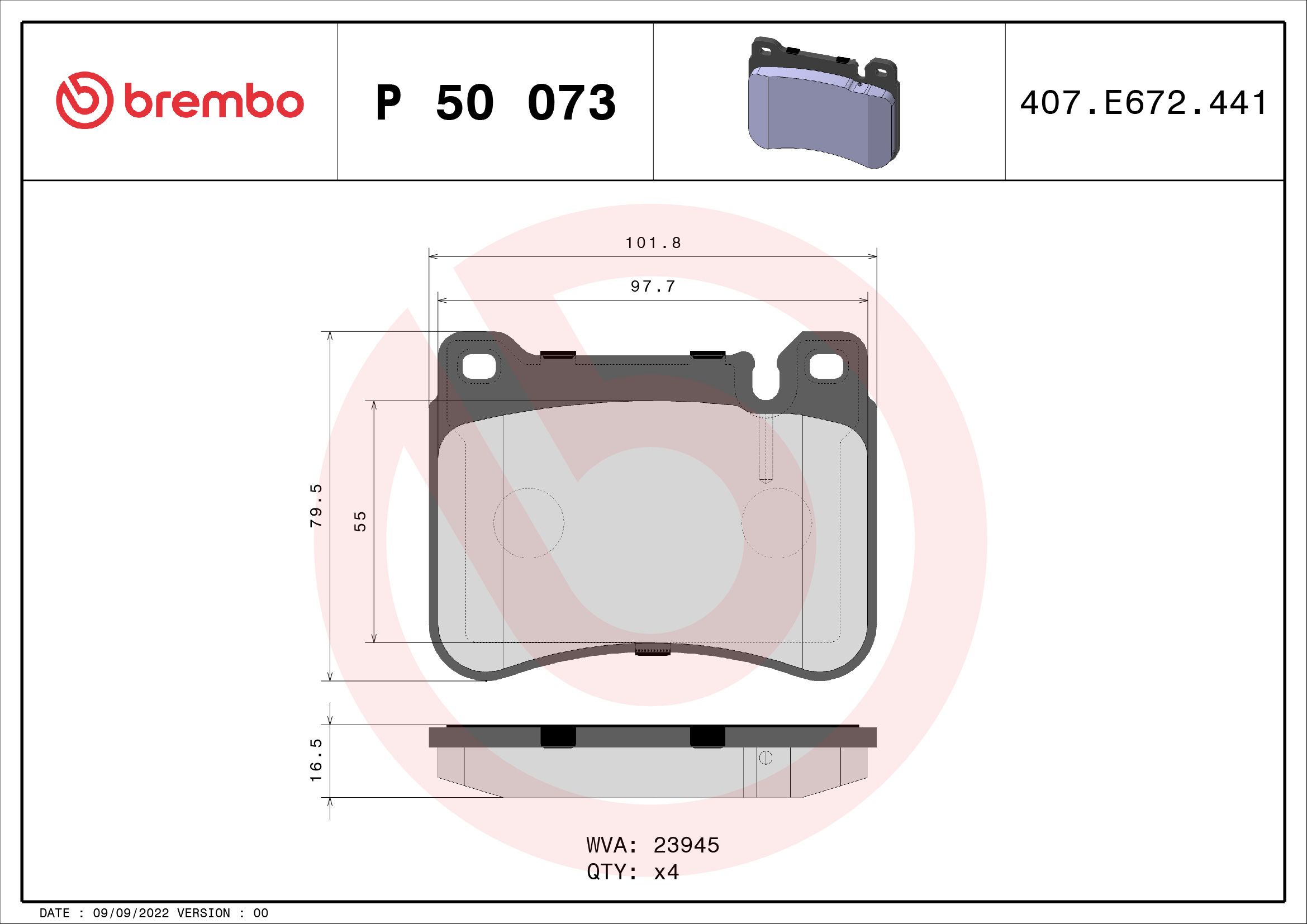 Jogo de 4 pastilhas de travão BREMBO ref. P 50 073