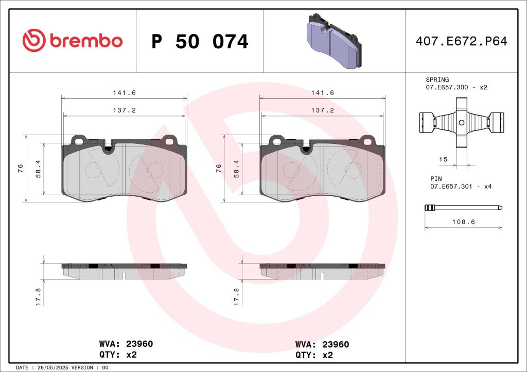 Jogo de 4 pastilhas de travão BREMBO ref. P 50 074