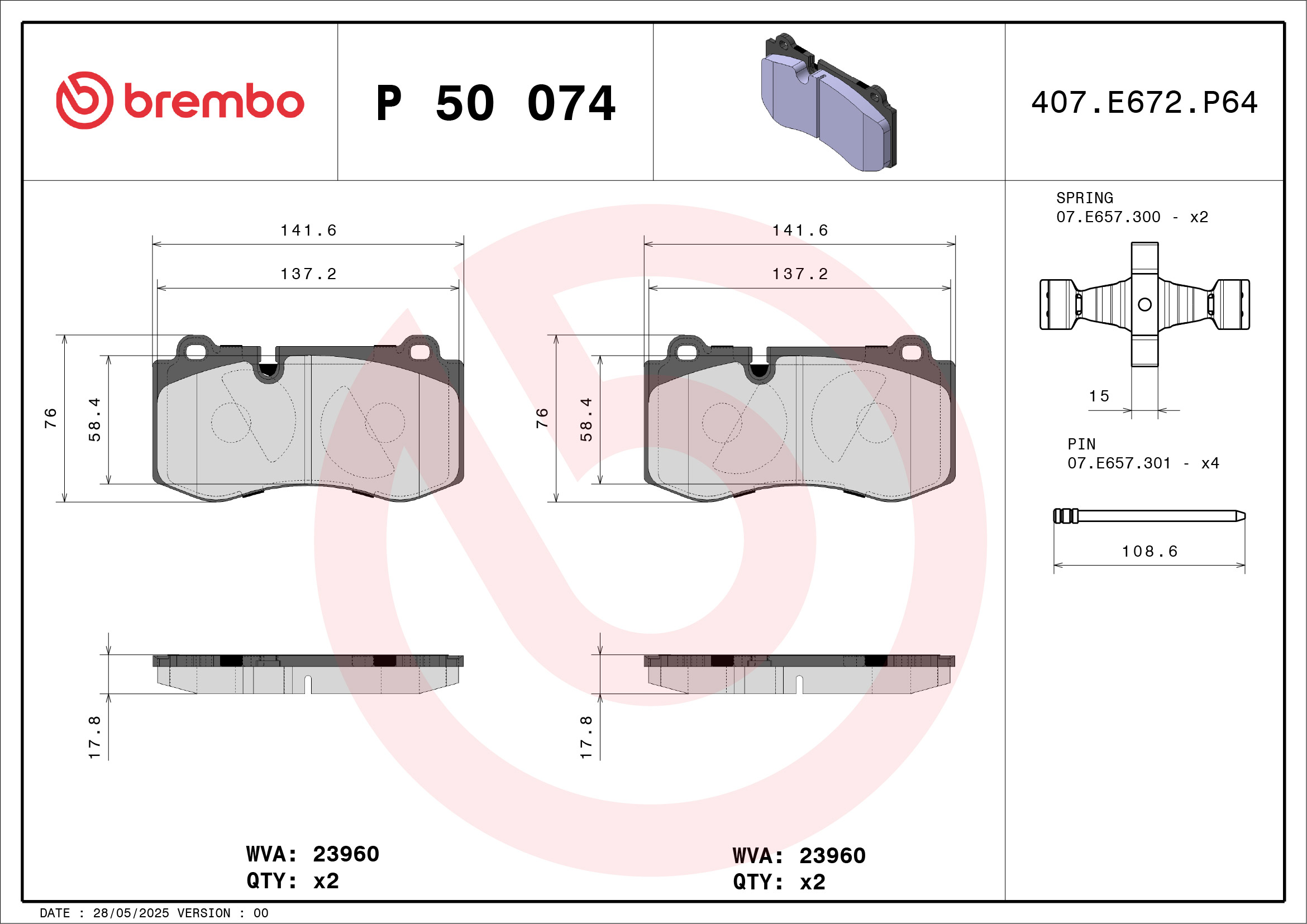 Jogo de 4 pastilhas de travão BREMBO ref. P 50 074