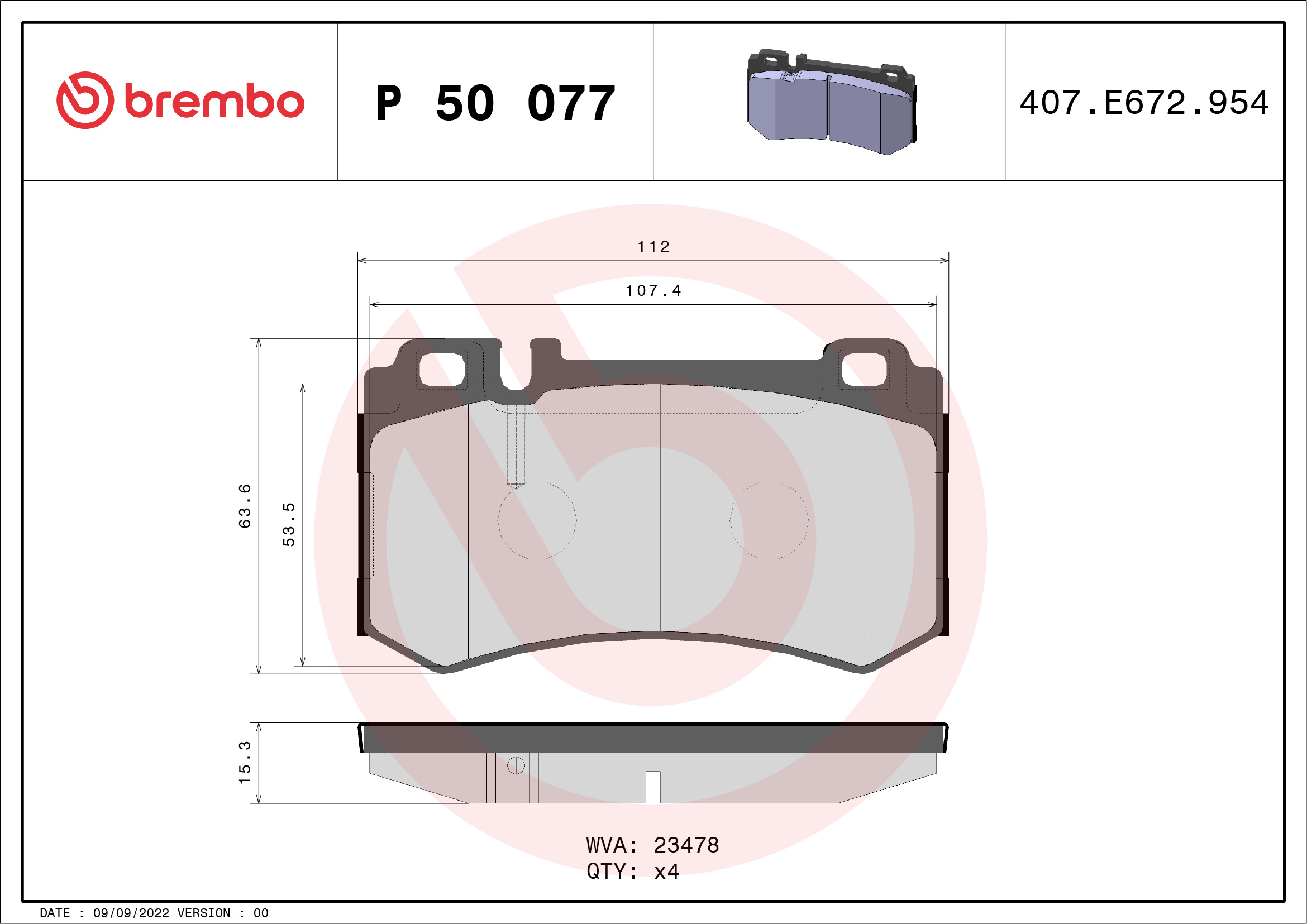 Jogo de 4 pastilhas de travão BREMBO ref. P 50 077