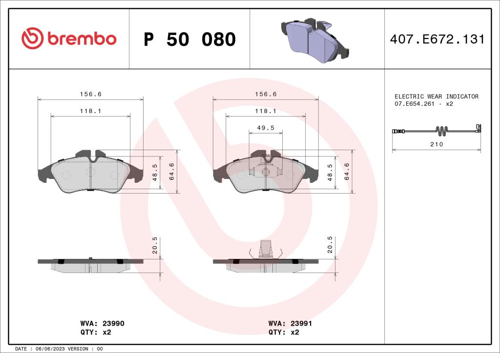 Jogo de 4 pastilhas de travão BREMBO ref. P 50 080