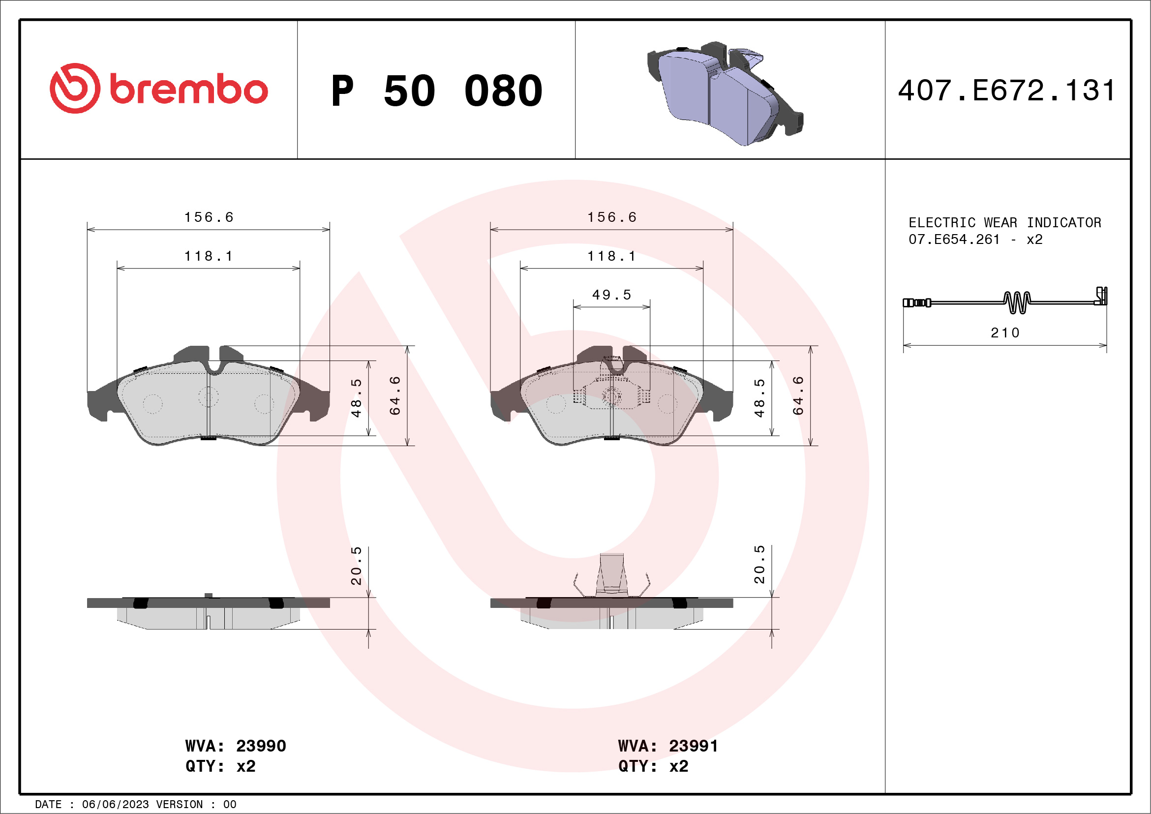 Jogo de 4 pastilhas de travão BREMBO ref. P 50 080