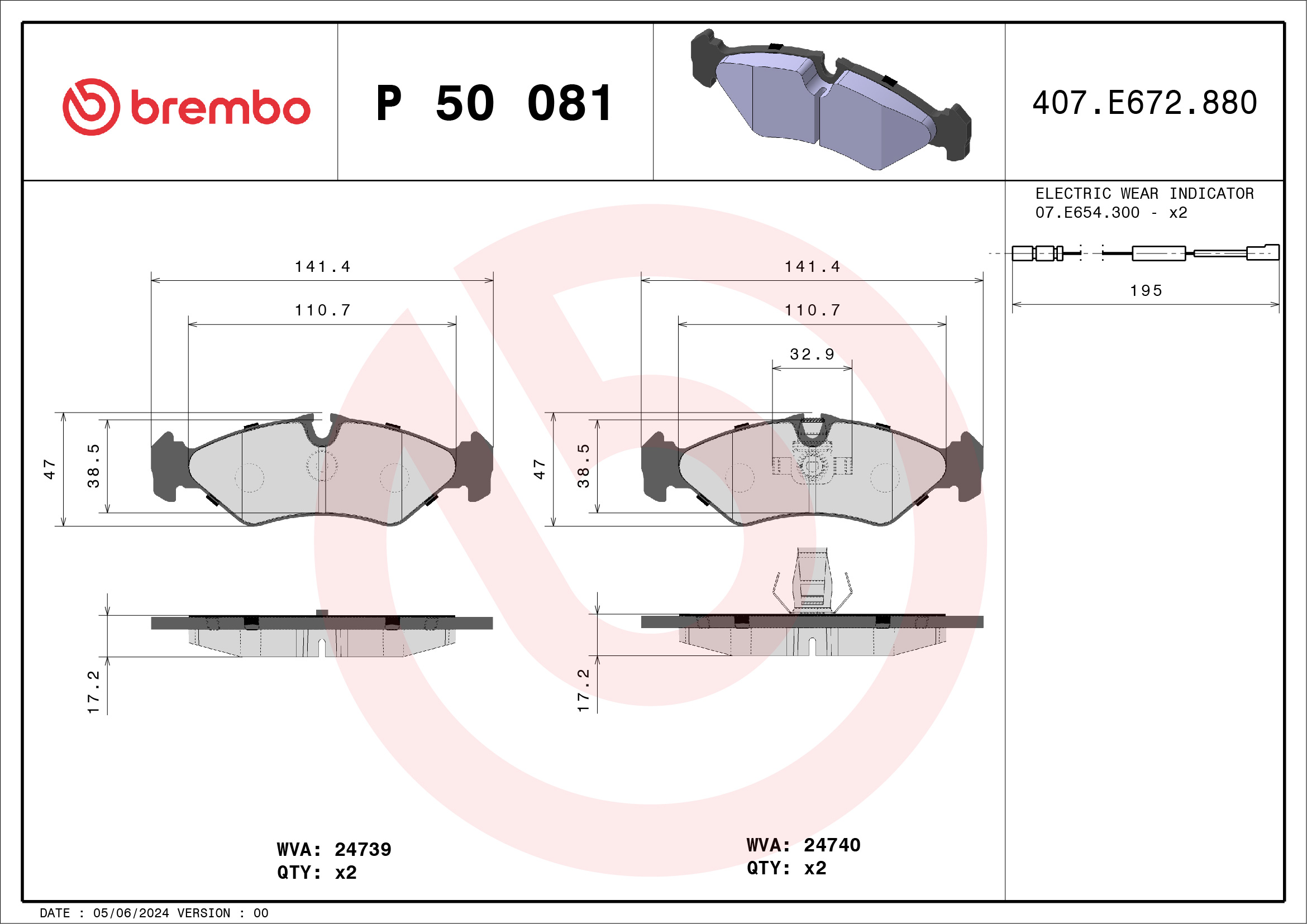 Jogo de 4 pastilhas de travão BREMBO ref. P 50 081