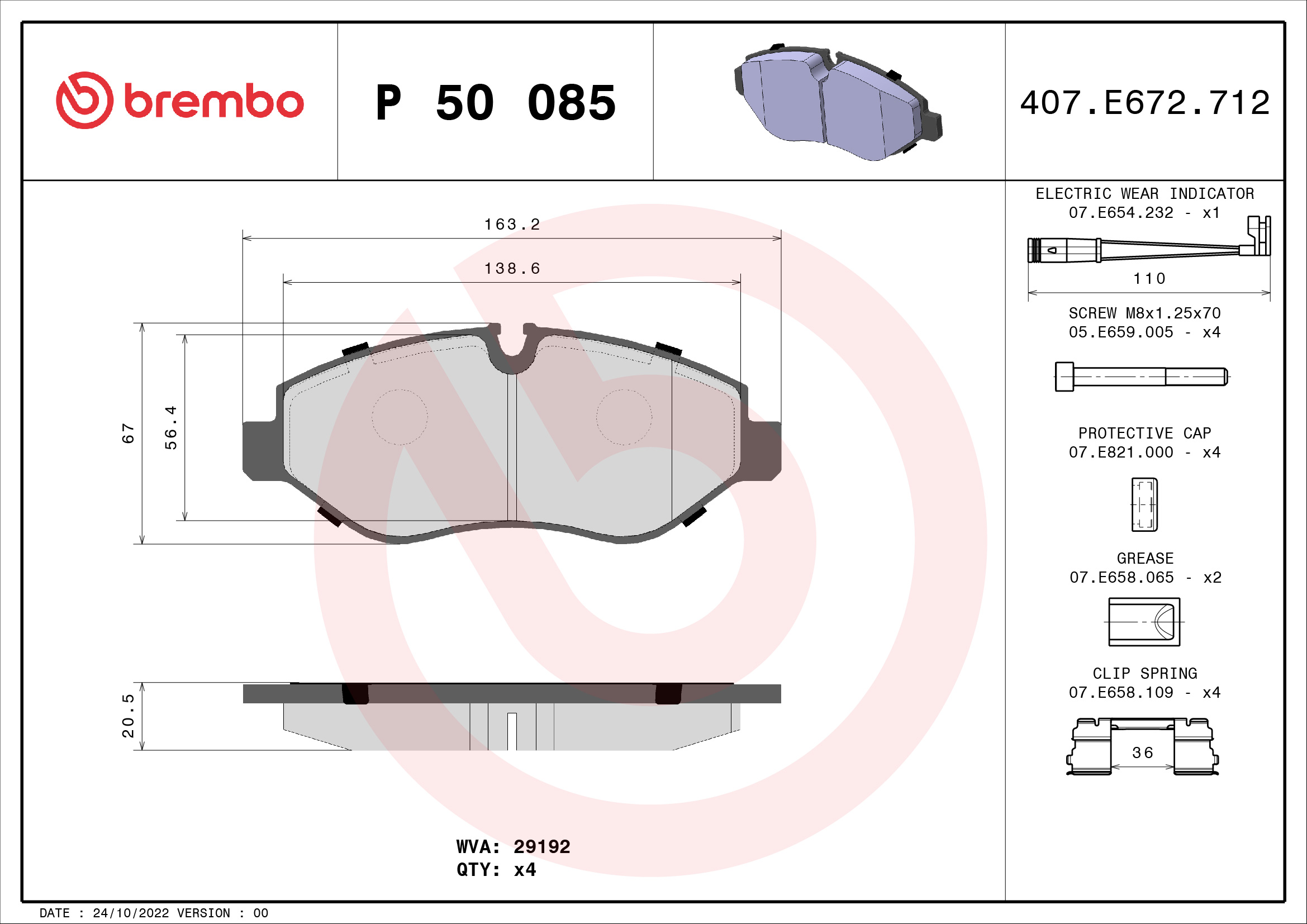 Jogo de 4 pastilhas de travão BREMBO ref. P 50 085