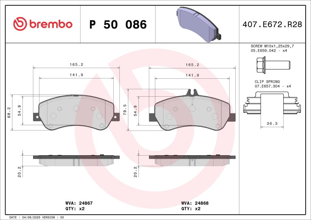 Jogo de 4 pastilhas de travão BREMBO ref. P 50 086