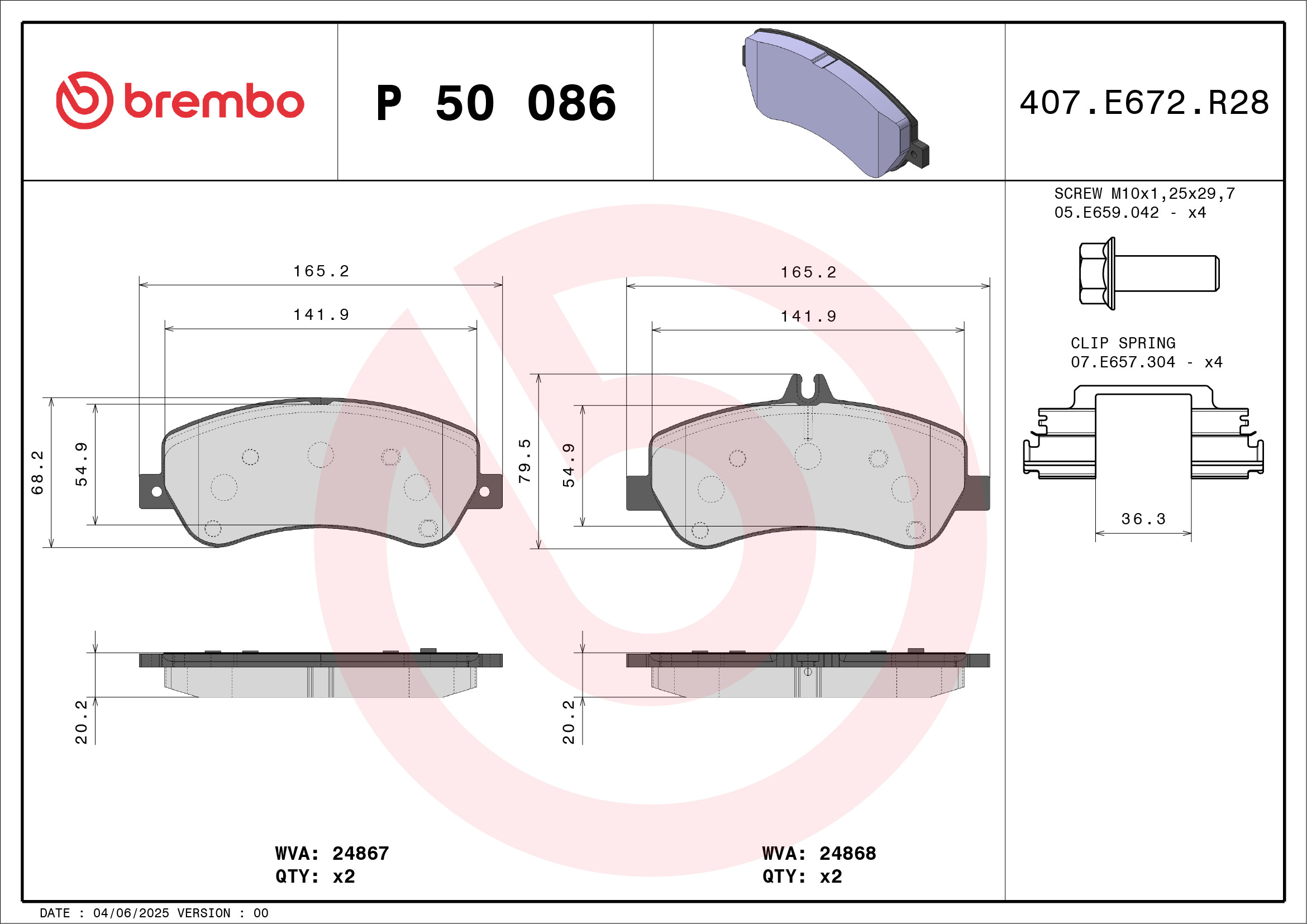 Jogo de 4 pastilhas de travão BREMBO ref. P 50 086