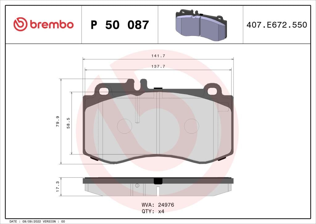 Jeu de 4 plaquettes de frein BREMBO ref. P 50 087