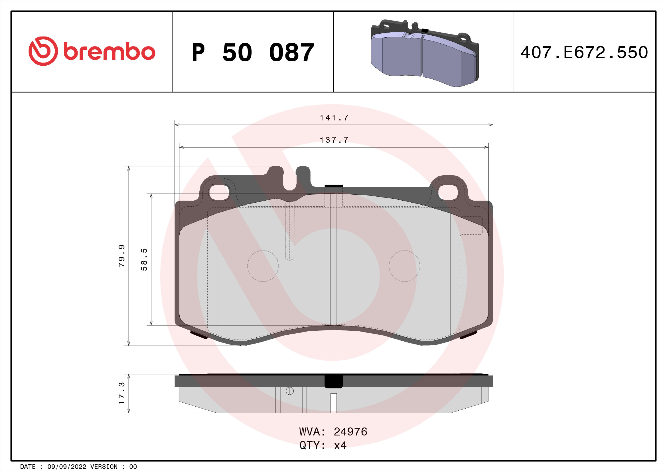 Jeu de 4 plaquettes de frein BREMBO ref. P 50 087