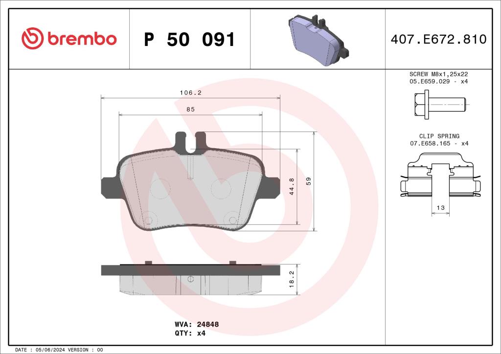 Jogo de 4 pastilhas de travão BREMBO ref. P 50 091