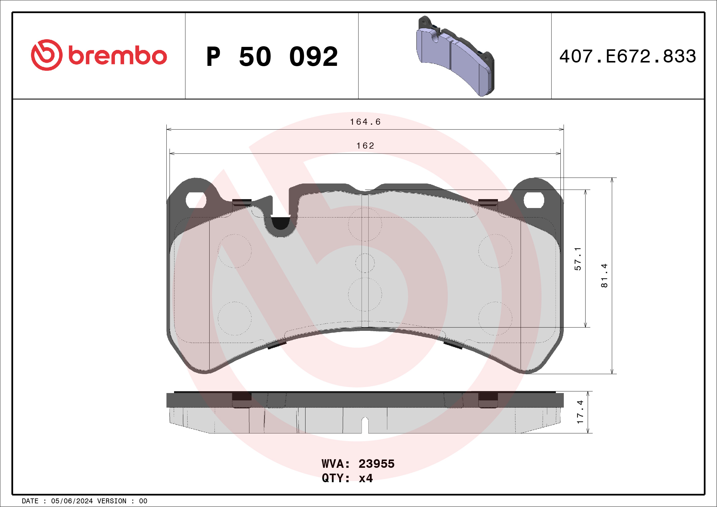 Jogo de 4 pastilhas de travão BREMBO ref. P 50 092