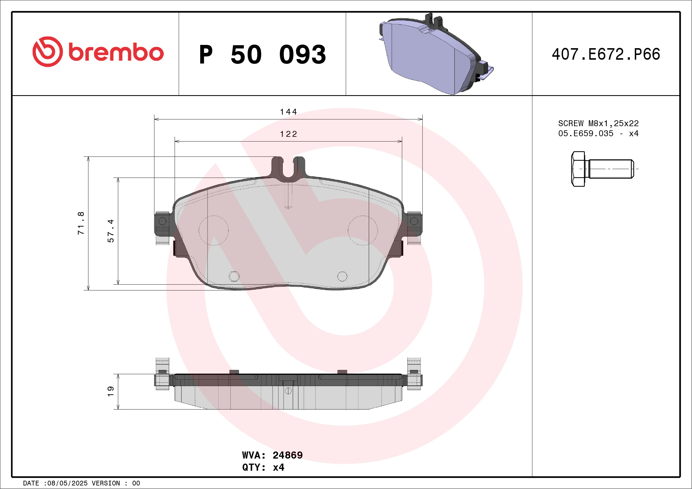 Jeu de 4 plaquettes de frein BREMBO ref. P 50 093