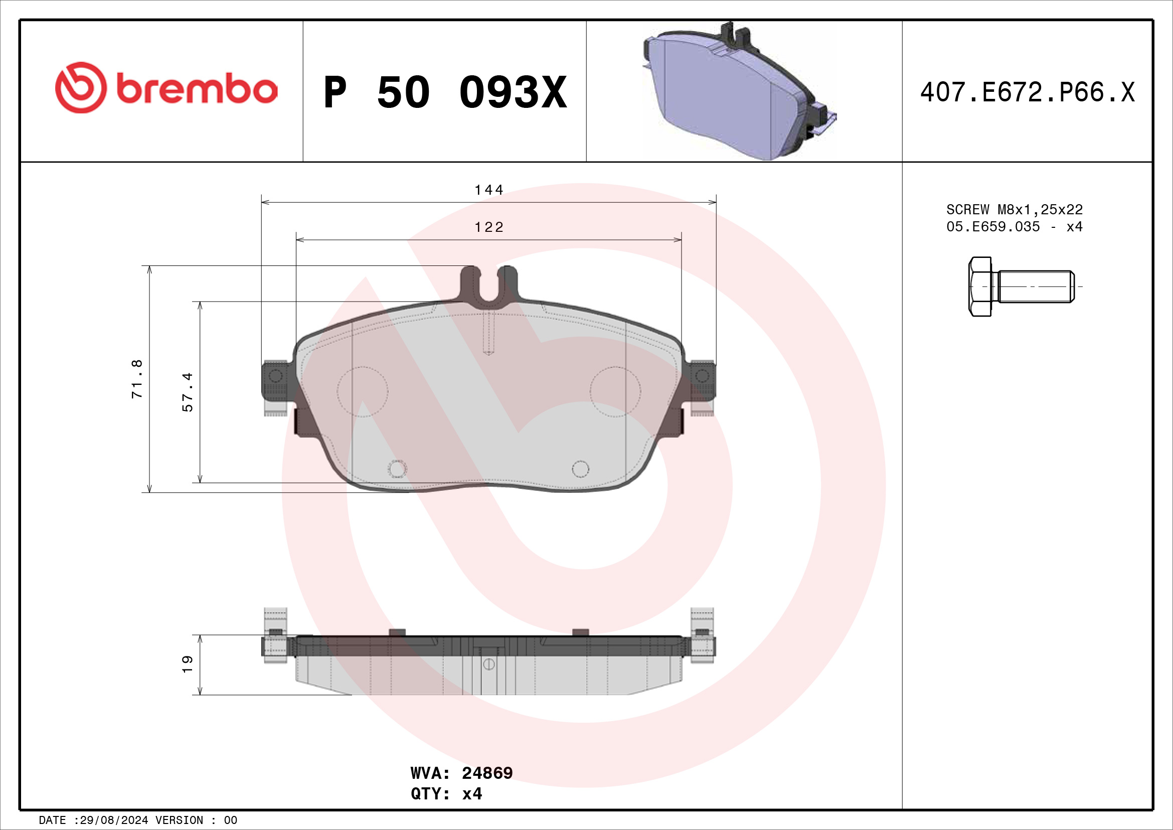 Jeu de 4 plaquettes de frein BREMBO ref. P 50 093X
