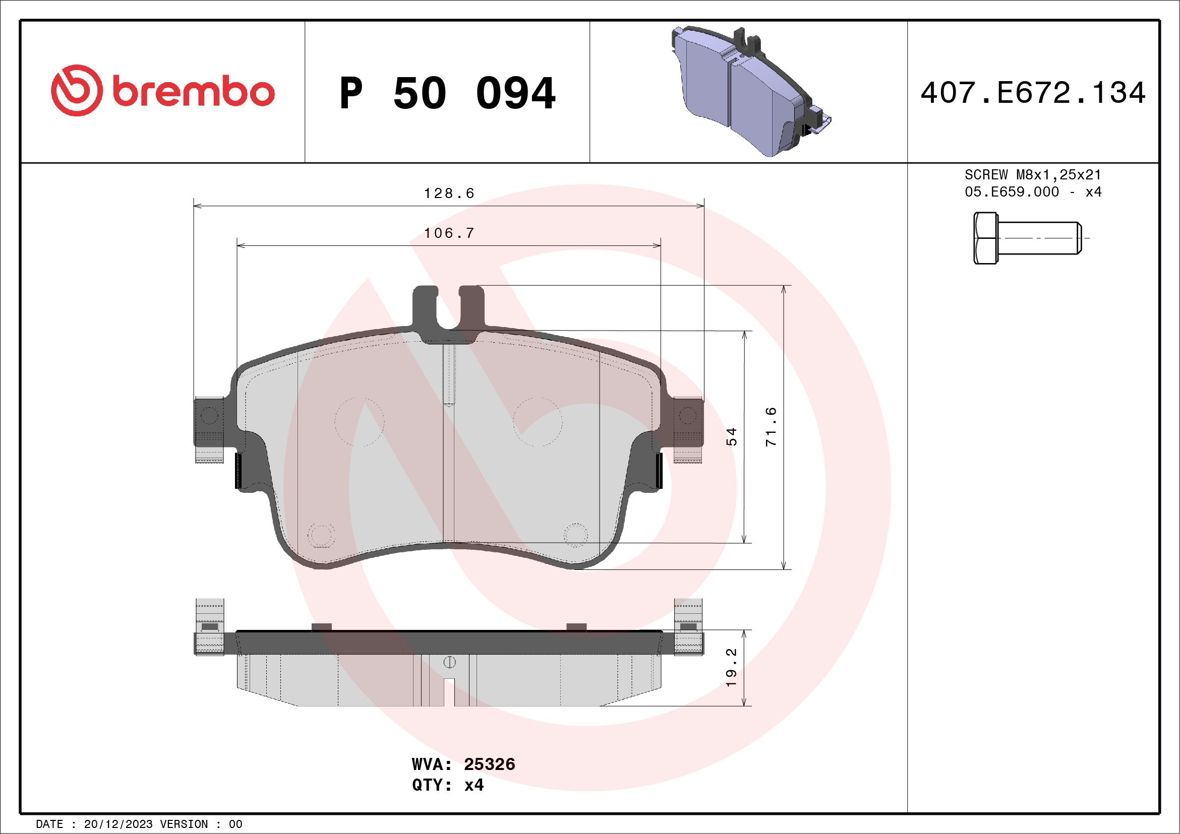 Jogo de 4 pastilhas de travão BREMBO ref. P 50 094