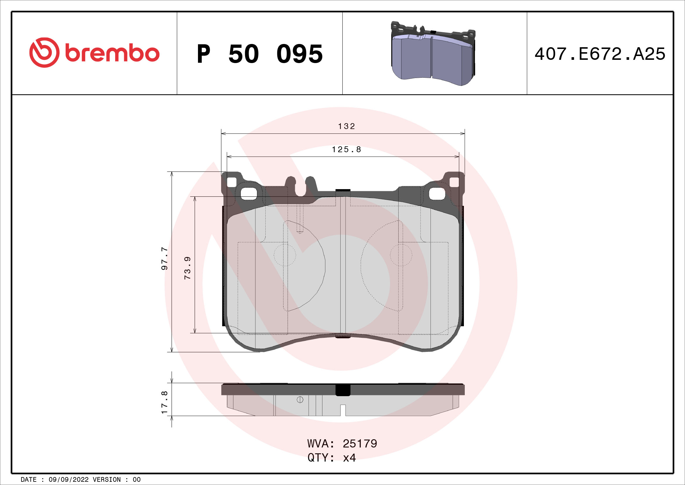Jogo de 4 pastilhas de travão BREMBO ref. P 50 095