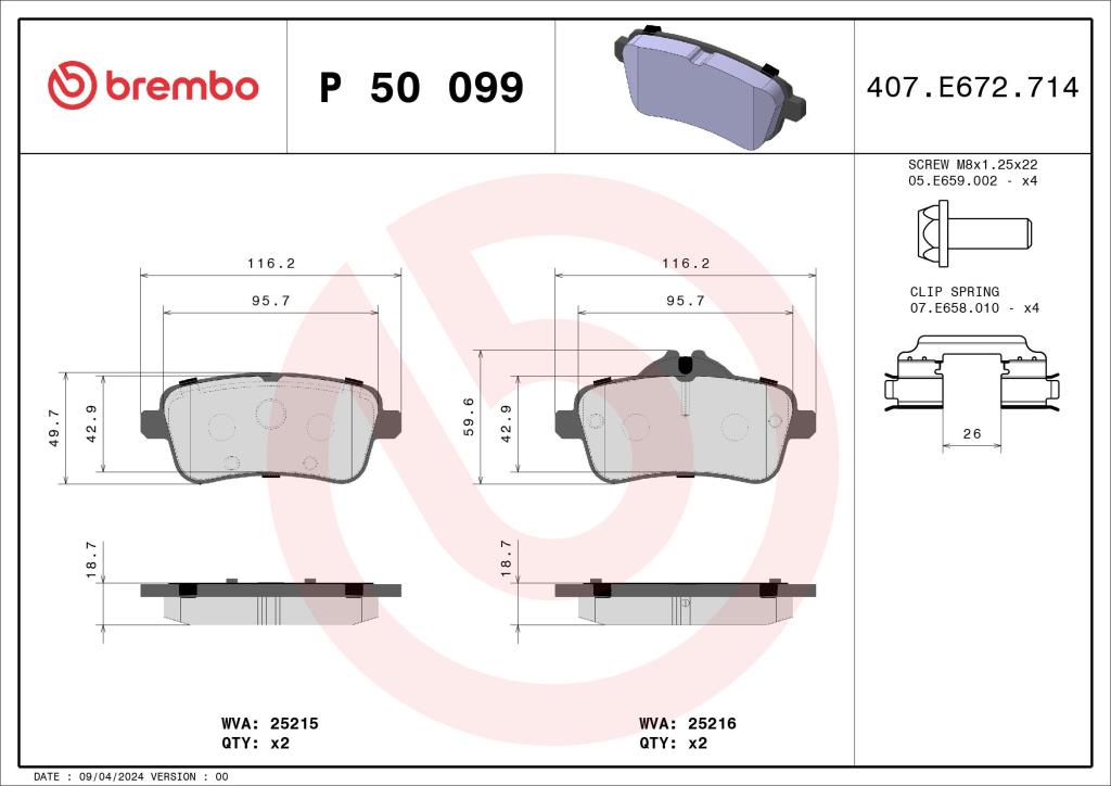 Jogo de 4 pastilhas de travão BREMBO ref. P 50 099