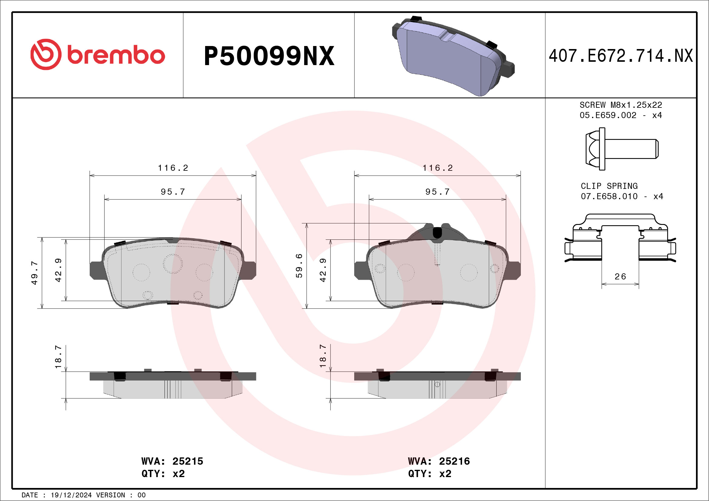 Jogo de 4 pastilhas de travão BREMBO ref. P50099NX