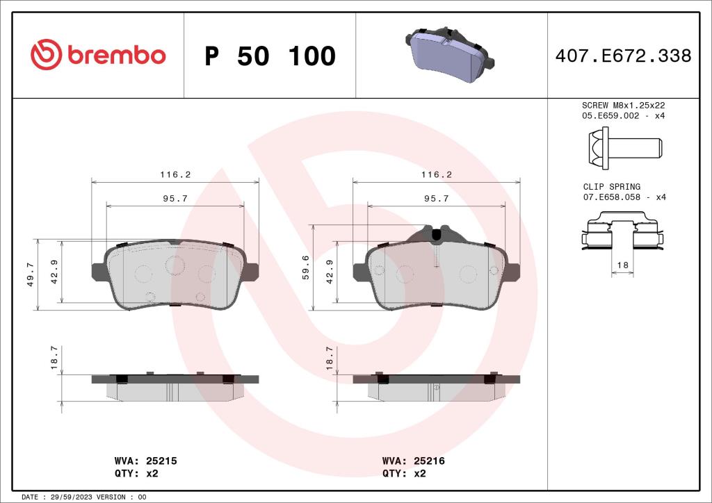 Jogo de 4 pastilhas de travão BREMBO ref. P 50 100