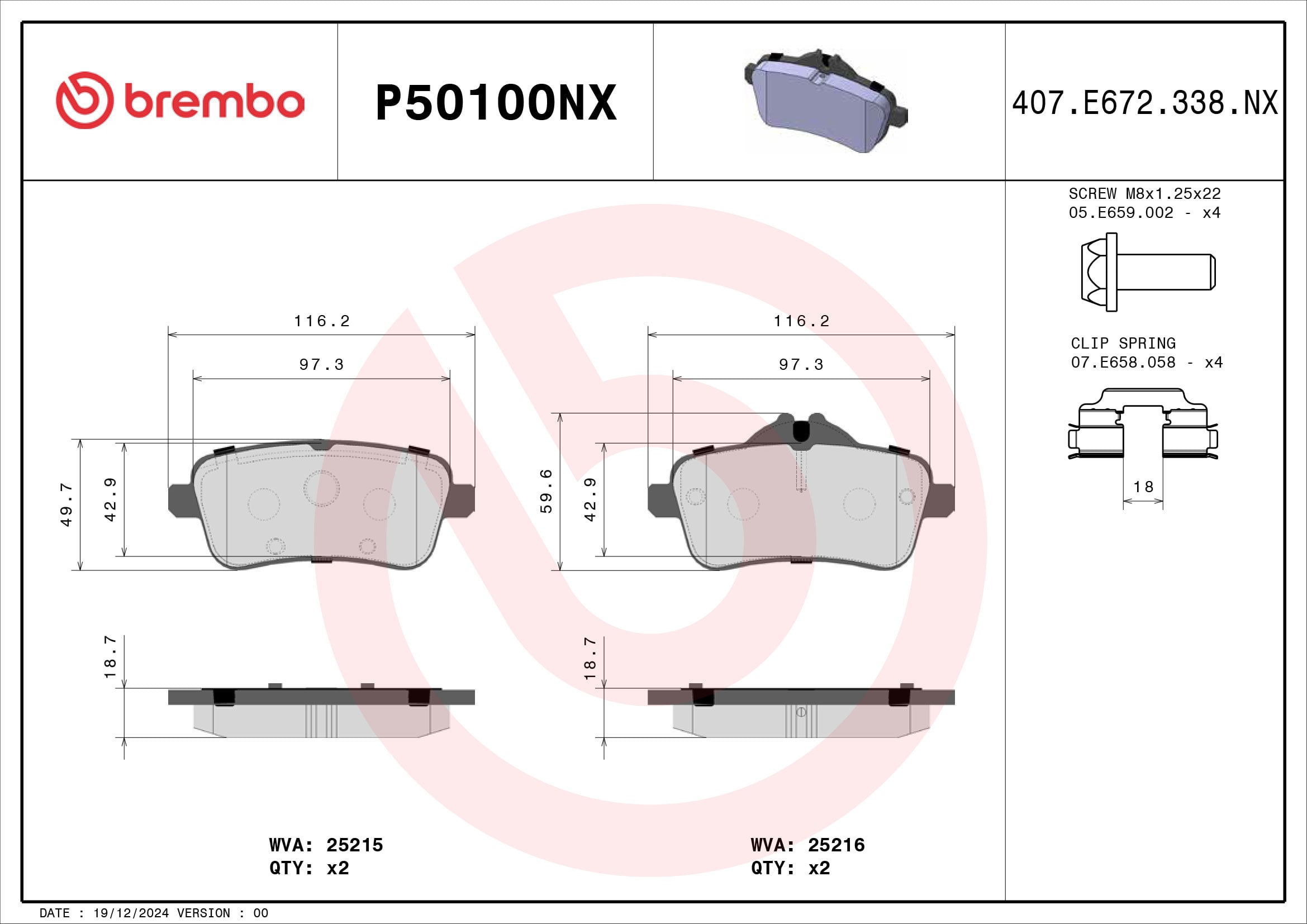 Jogo de 4 pastilhas de travão BREMBO ref. P50100NX