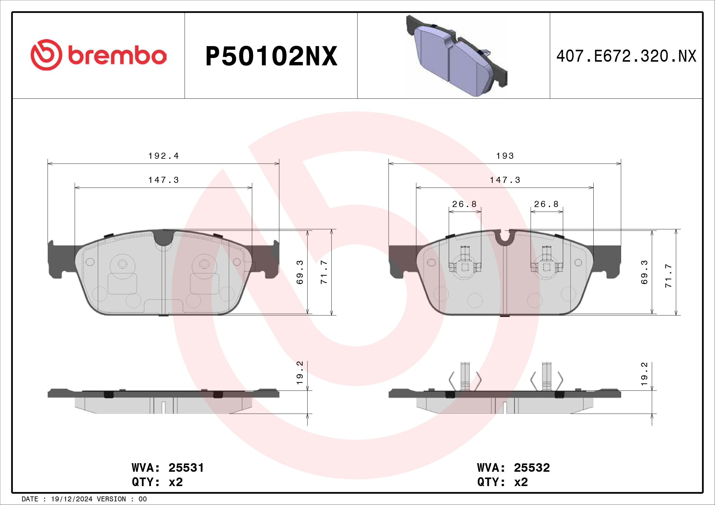 Jogo de 4 pastilhas de travão BREMBO ref. P50102NX