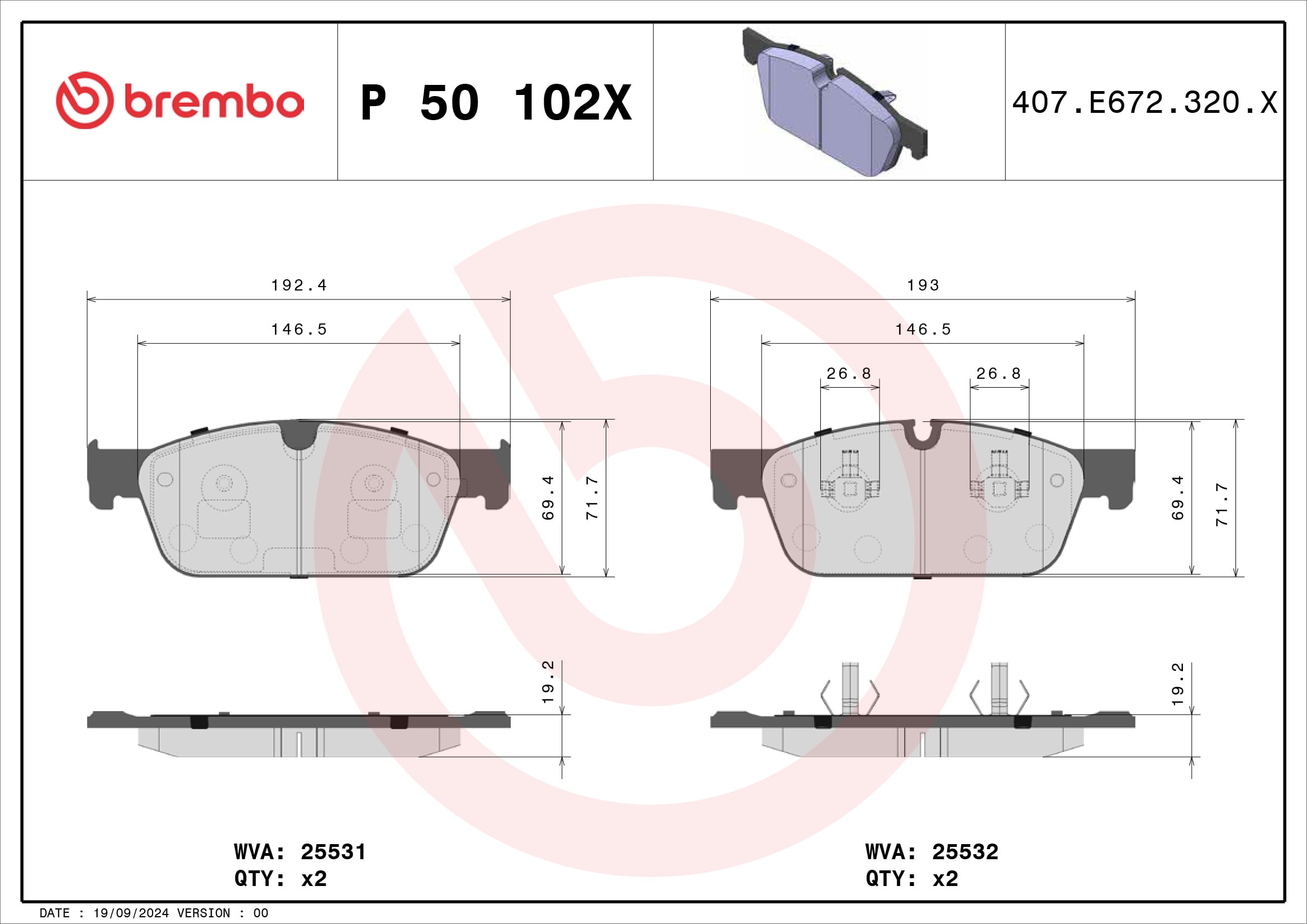 Jogo de 4 pastilhas de travão BREMBO ref. P 50 102X