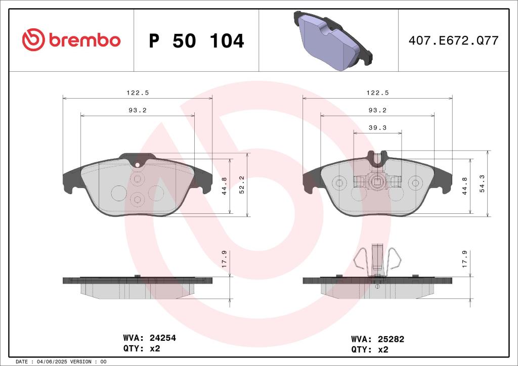 Jogo de 4 pastilhas de travão BREMBO ref. P 50 104