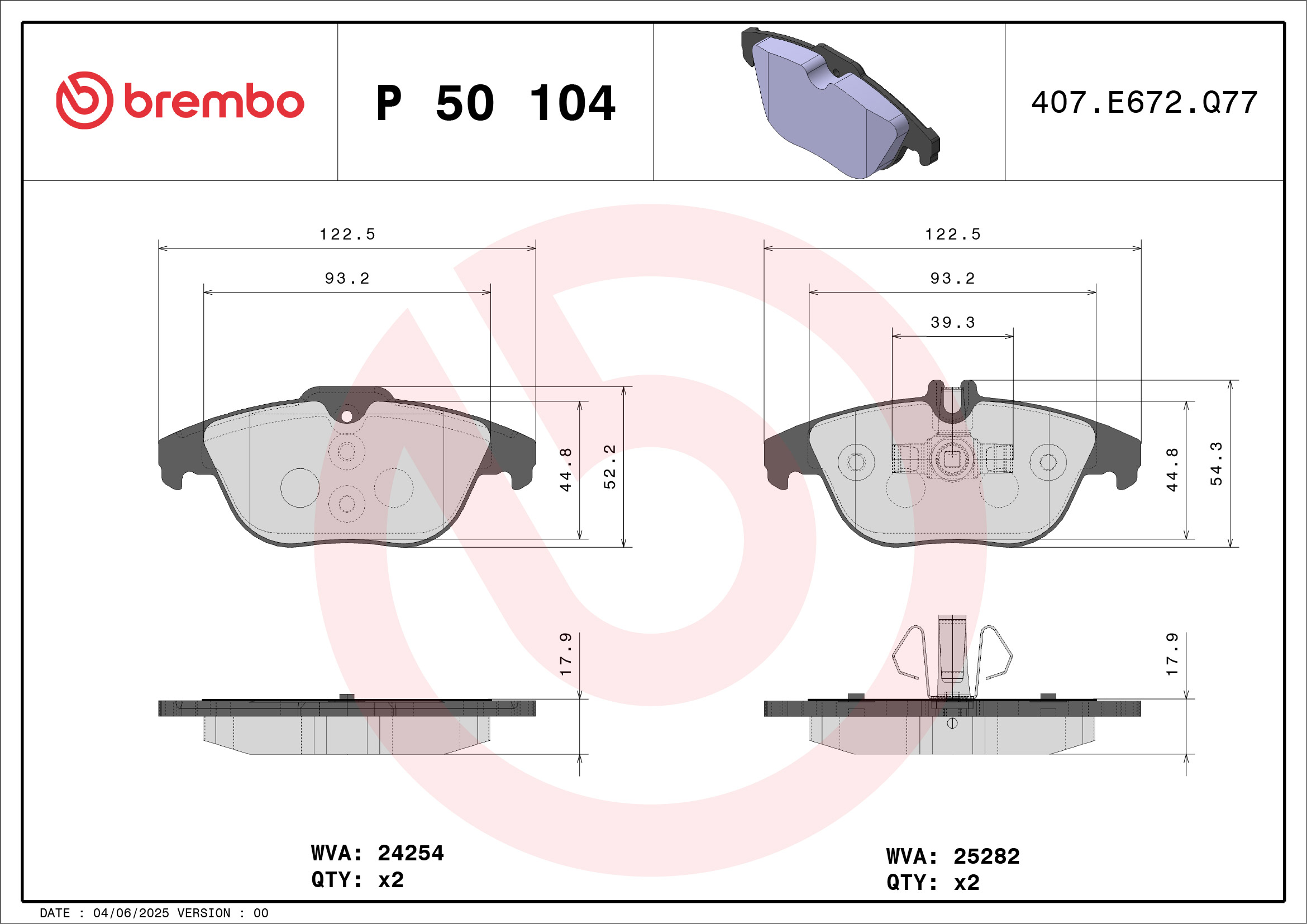 Jogo de 4 pastilhas de travão BREMBO ref. P 50 104