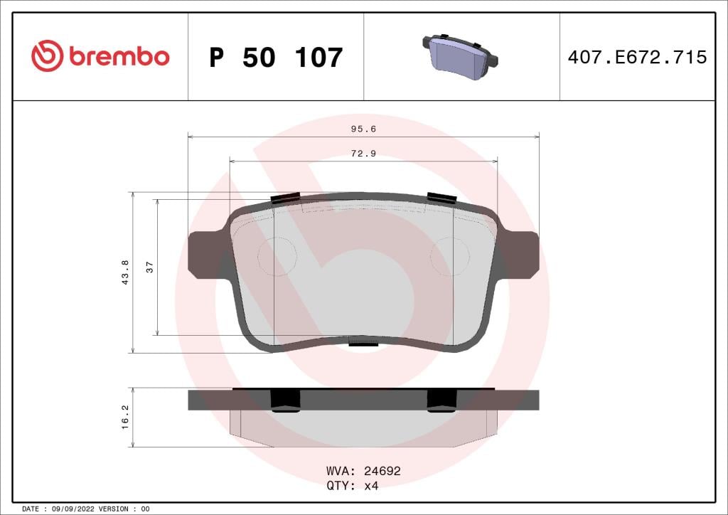 Jogo de 4 pastilhas de travão BREMBO ref. P 50 107