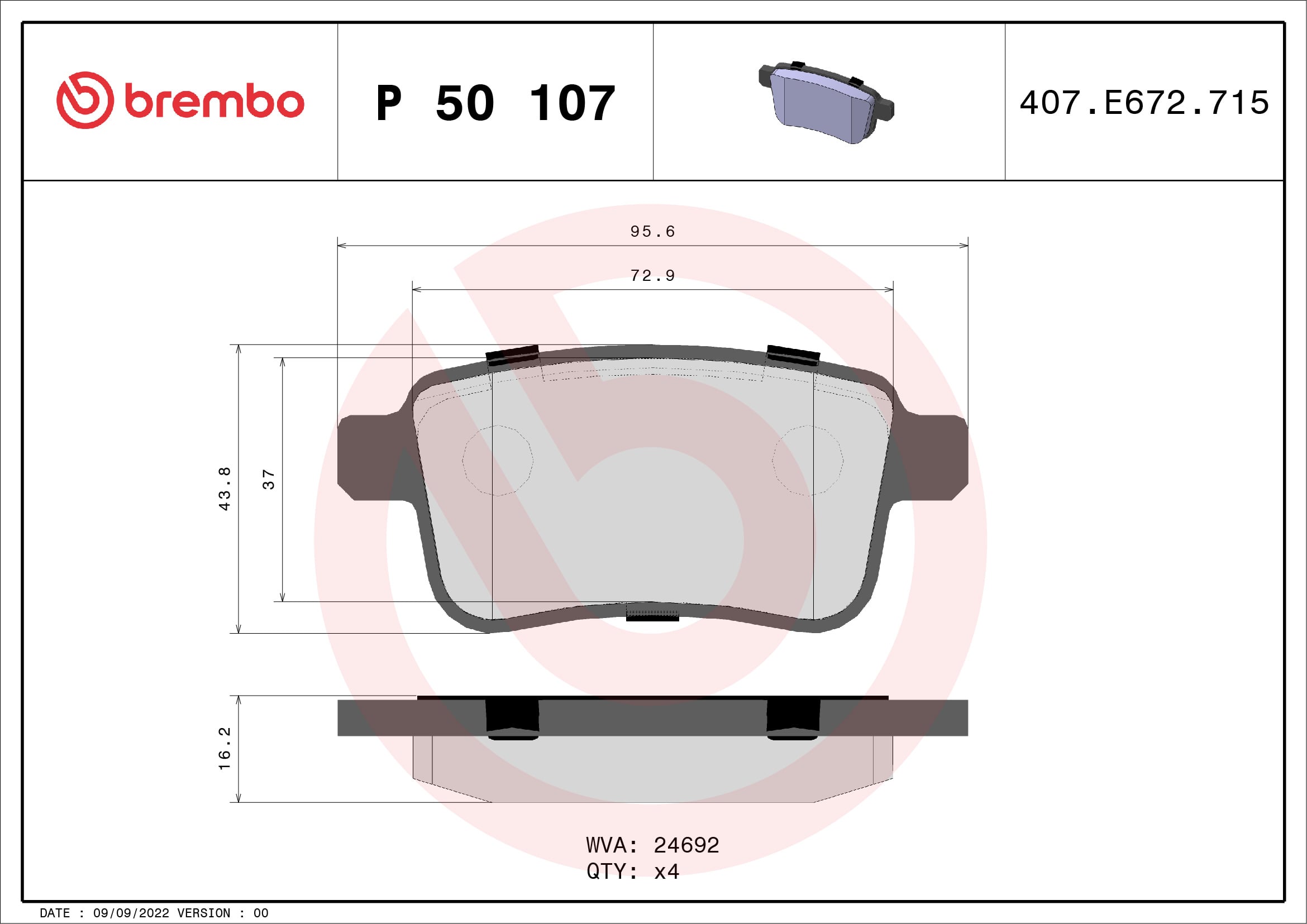 Jogo de 4 pastilhas de travão BREMBO ref. P 50 107