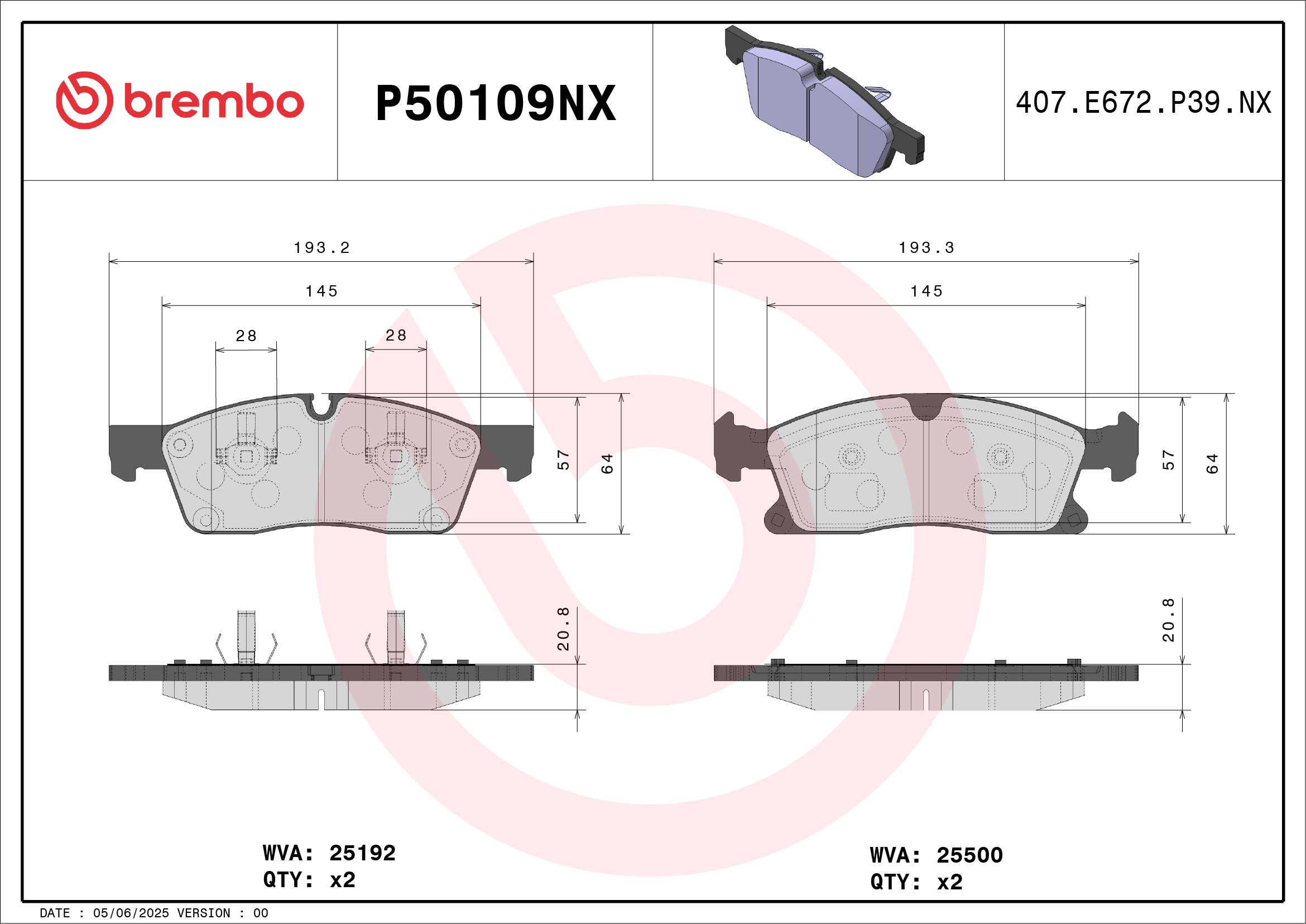 Jeu de 4 plaquettes de frein BREMBO ref. P50109NX
