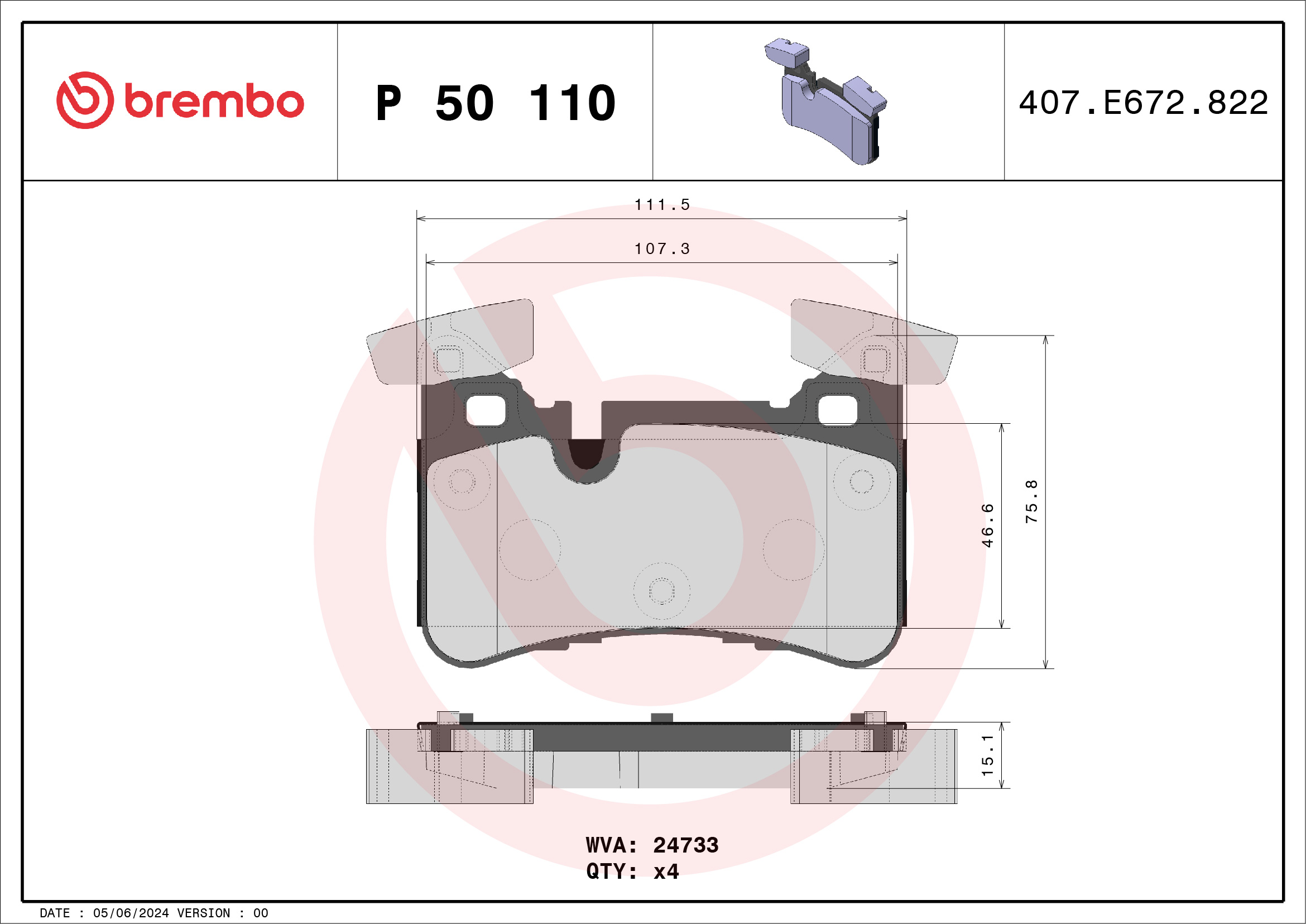 Jogo de 4 pastilhas de travão BREMBO ref. P 50 110