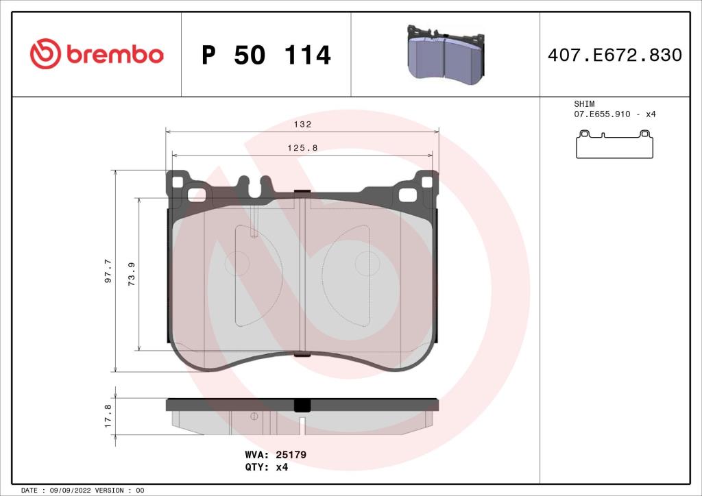 Jogo de 4 pastilhas de travão BREMBO ref. P 50 114
