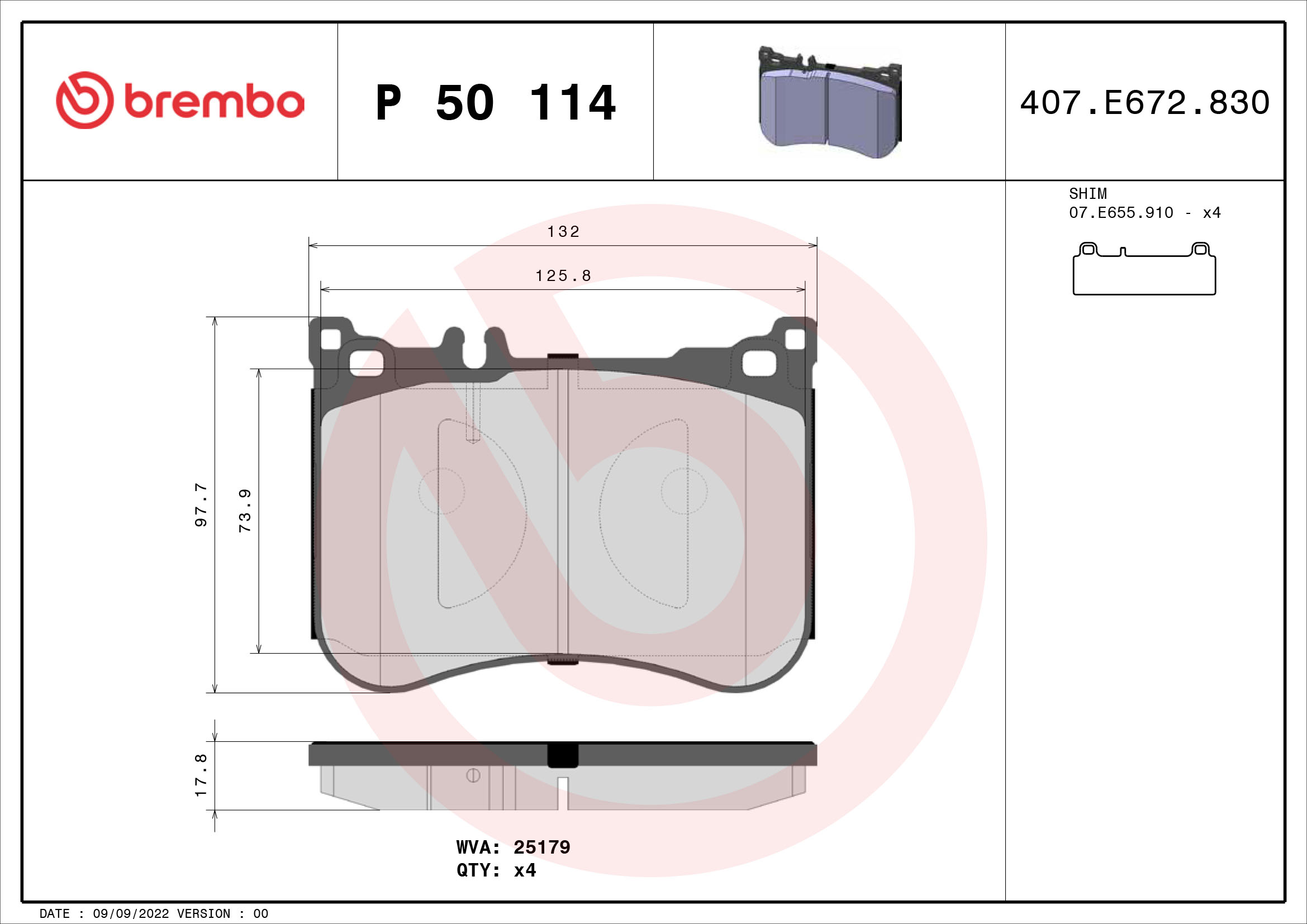 Jogo de 4 pastilhas de travão BREMBO ref. P 50 114