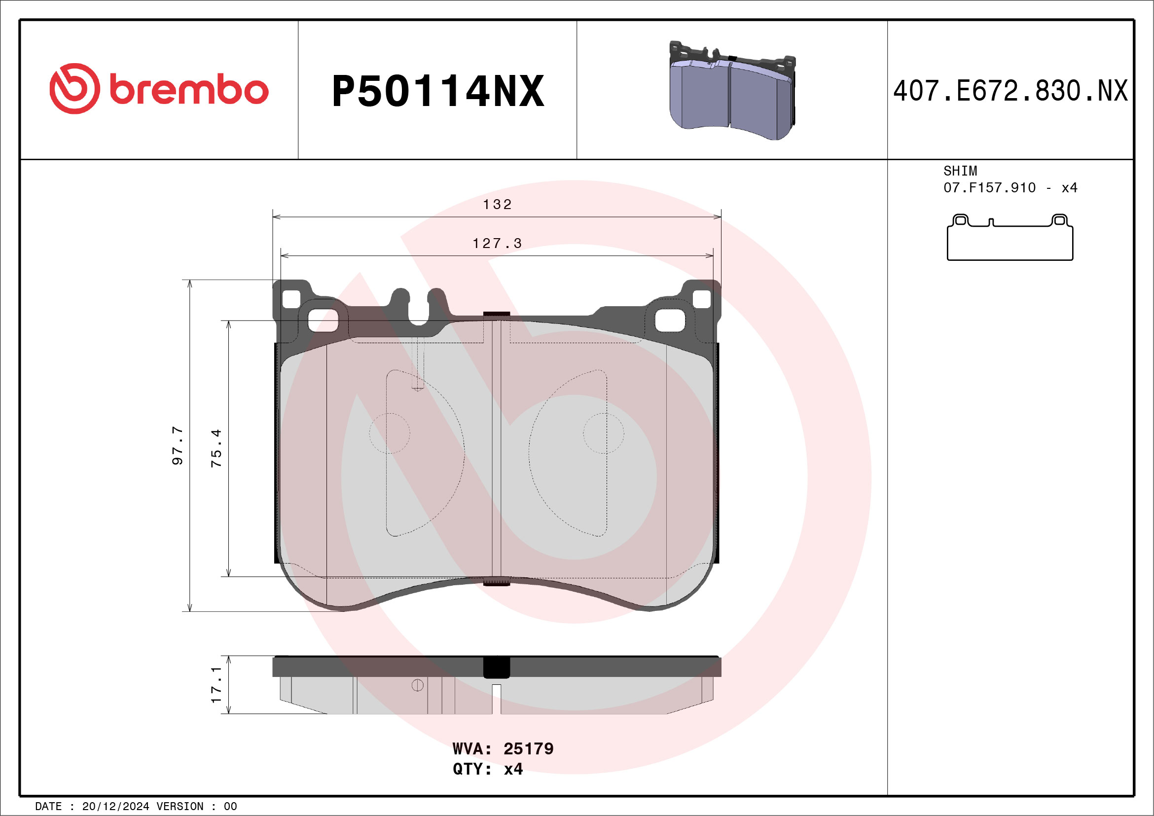 Jogo de 4 pastilhas de travão BREMBO ref. P50114NX