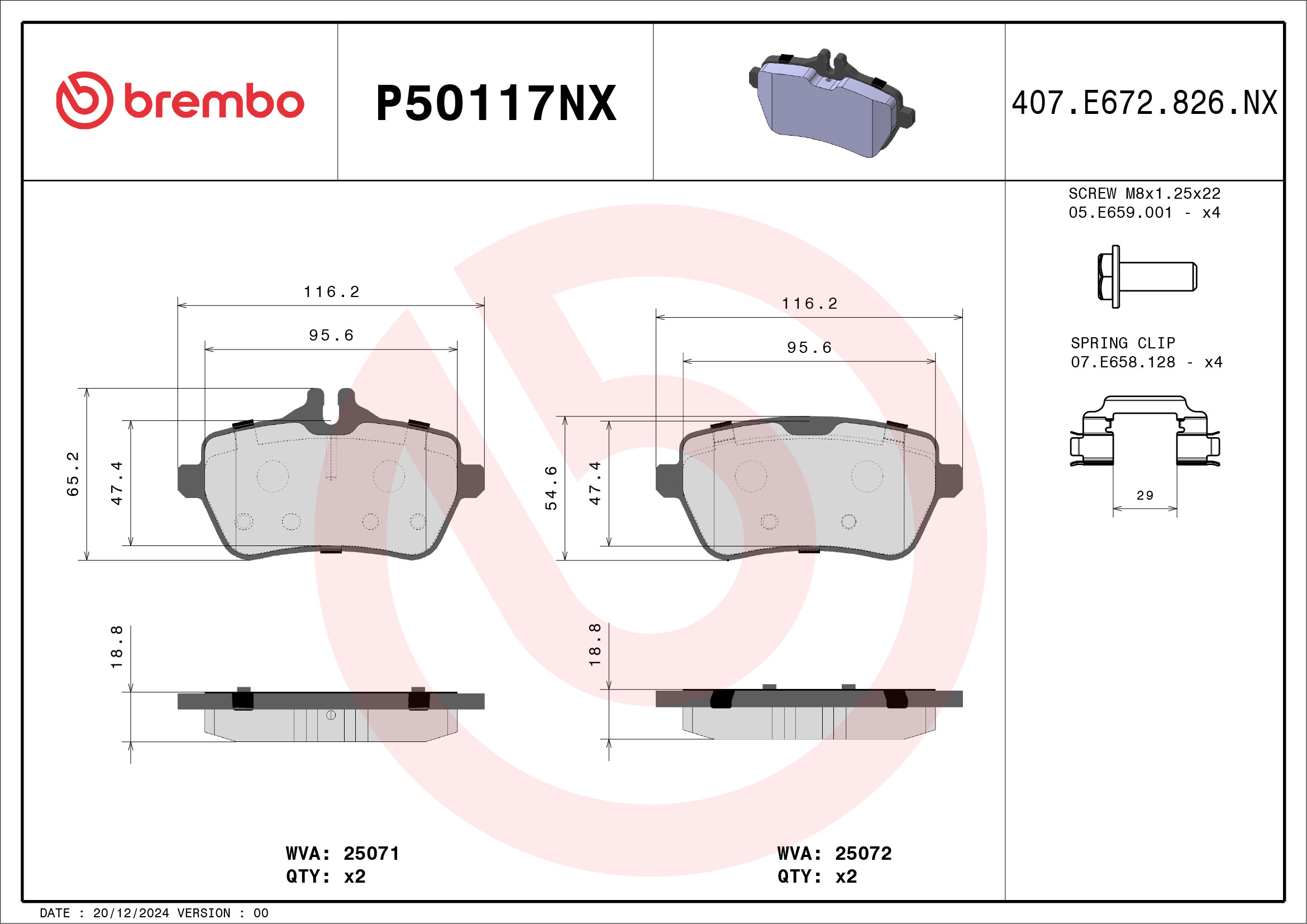 Jogo de 4 pastilhas de travão BREMBO ref. P50117NX