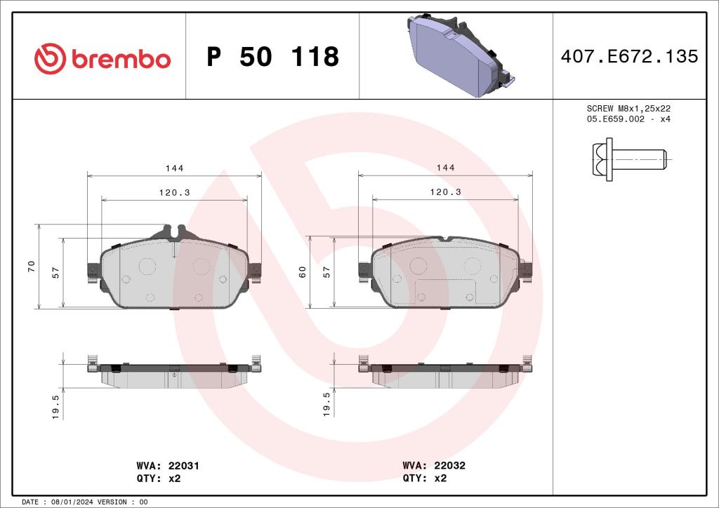 Jogo de 4 pastilhas de travão BREMBO ref. P 50 118