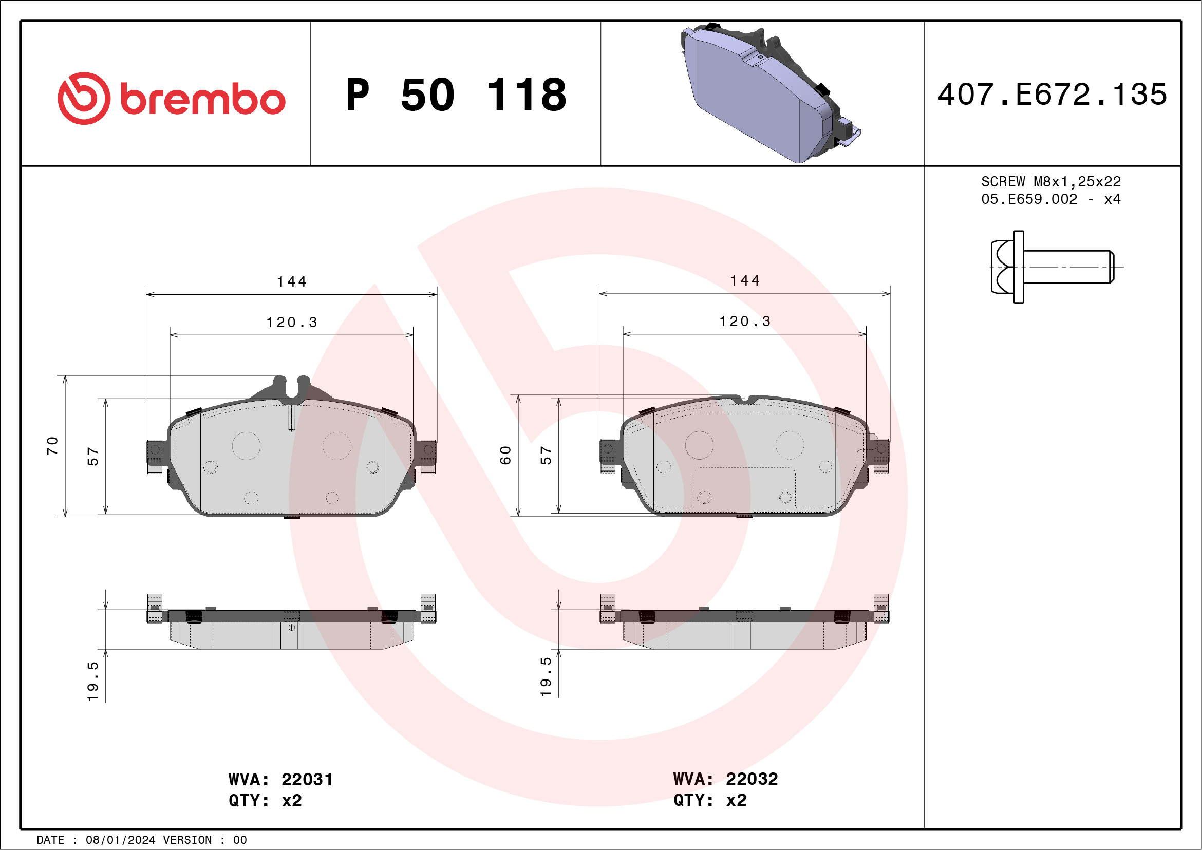 Jogo de 4 pastilhas de travão BREMBO ref. P 50 118